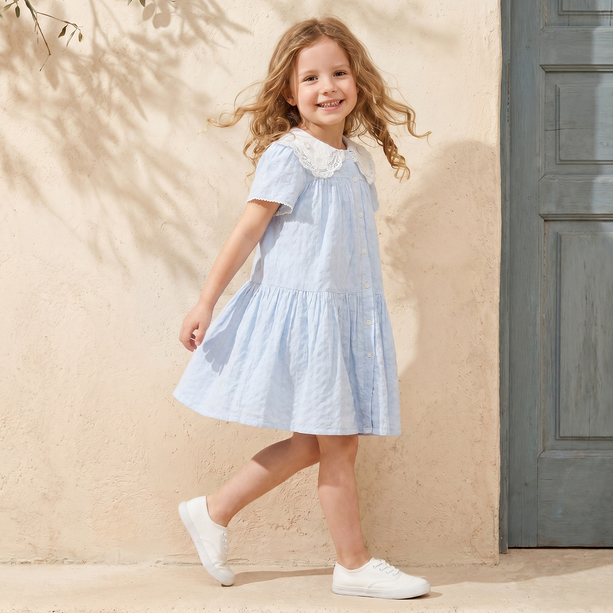 فستان بطول الركبة وبأكمام قصيرة وحافة دانتيل وياقة بيتر بان من إليجو-girls-clothing-dressesandjumpsuits-image-6