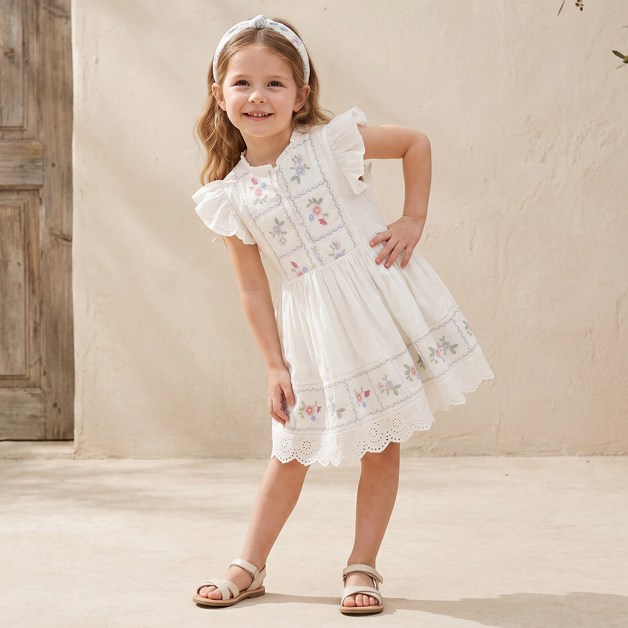 فستان بطول الركبة وياقة مستديرة وأكمام قصيرة وتطريز زهري من إليجو-girls-clothing-dressesandjumpsuits-image-1