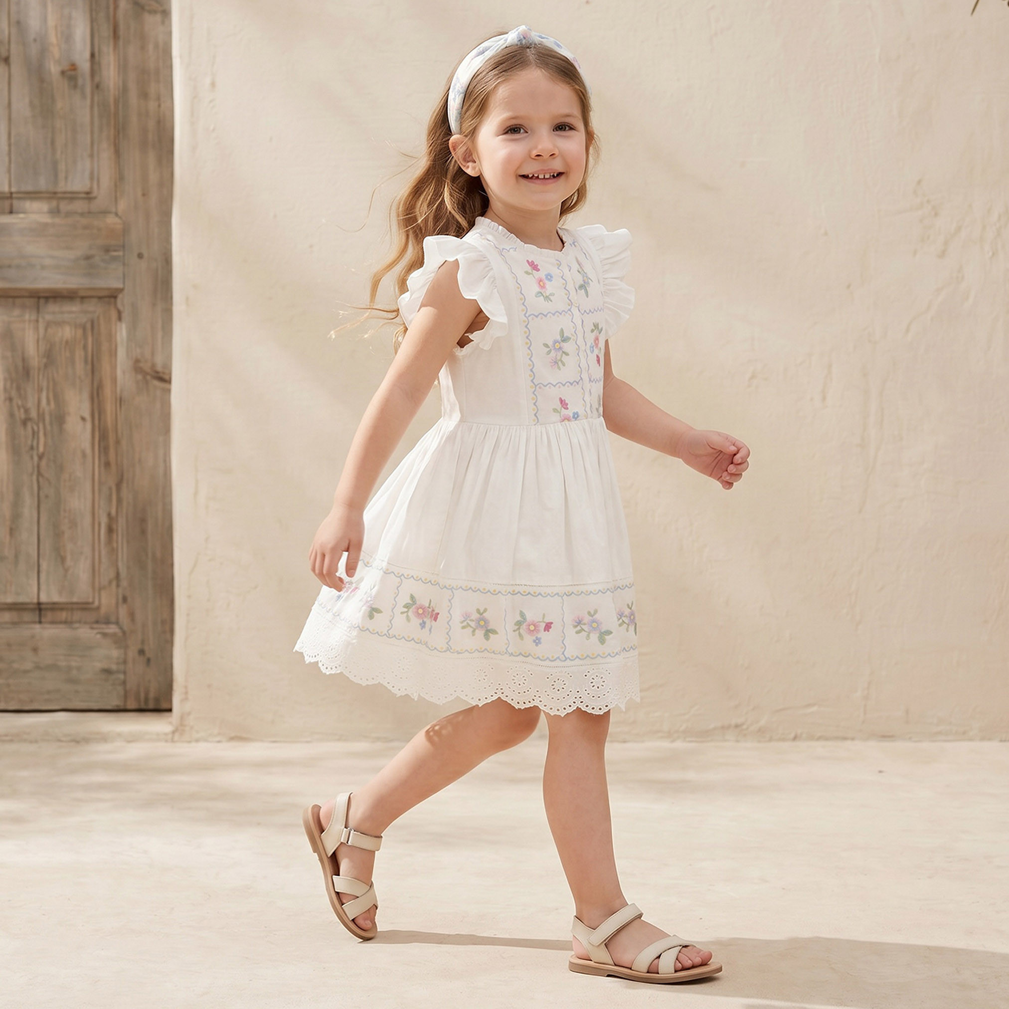 فستان بطول الركبة وياقة مستديرة وأكمام قصيرة وتطريز زهري من إليجو-girls-clothing-dressesandjumpsuits-image-4