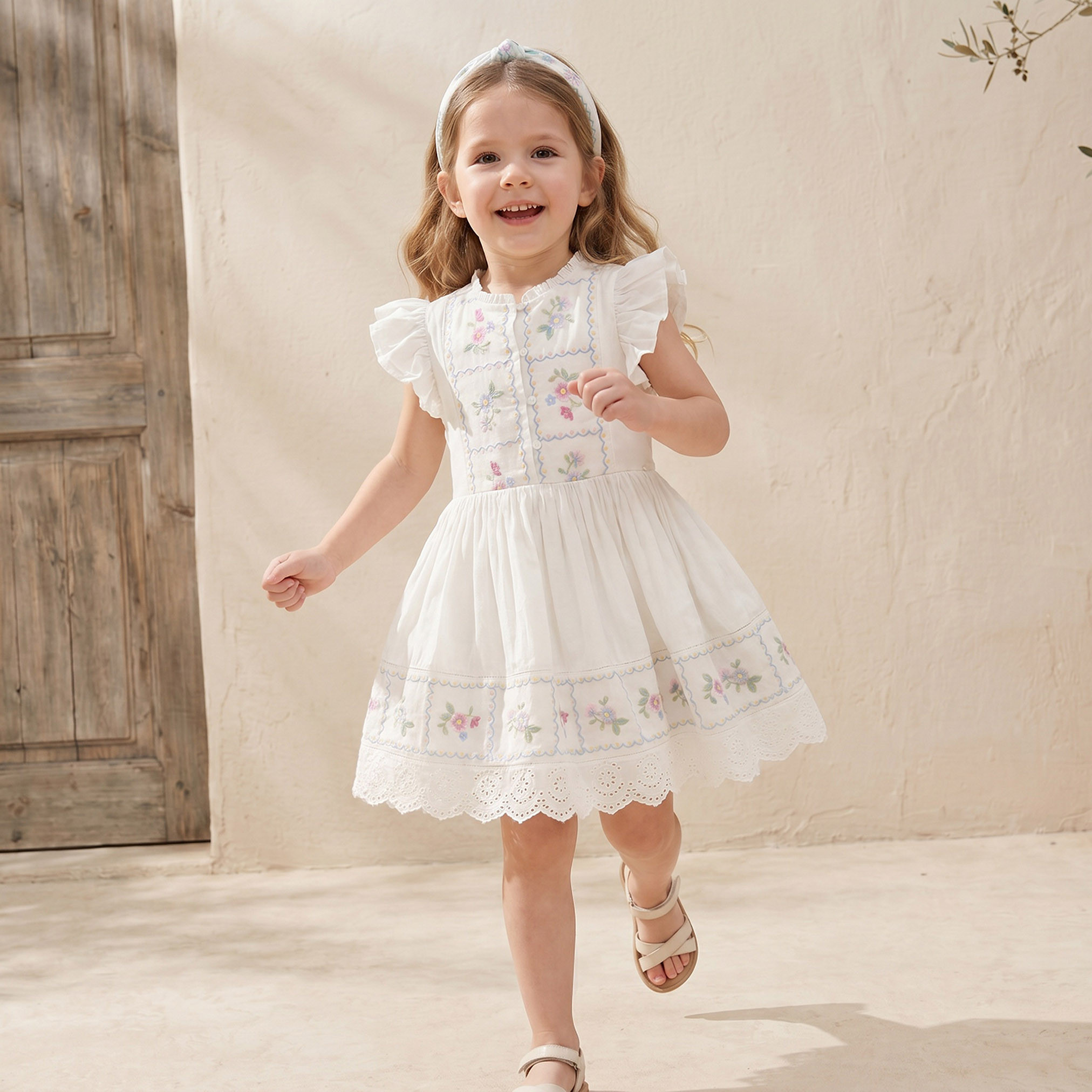 فستان بطول الركبة وياقة مستديرة وأكمام قصيرة وتطريز زهري من إليجو-girls-clothing-dressesandjumpsuits-image-6