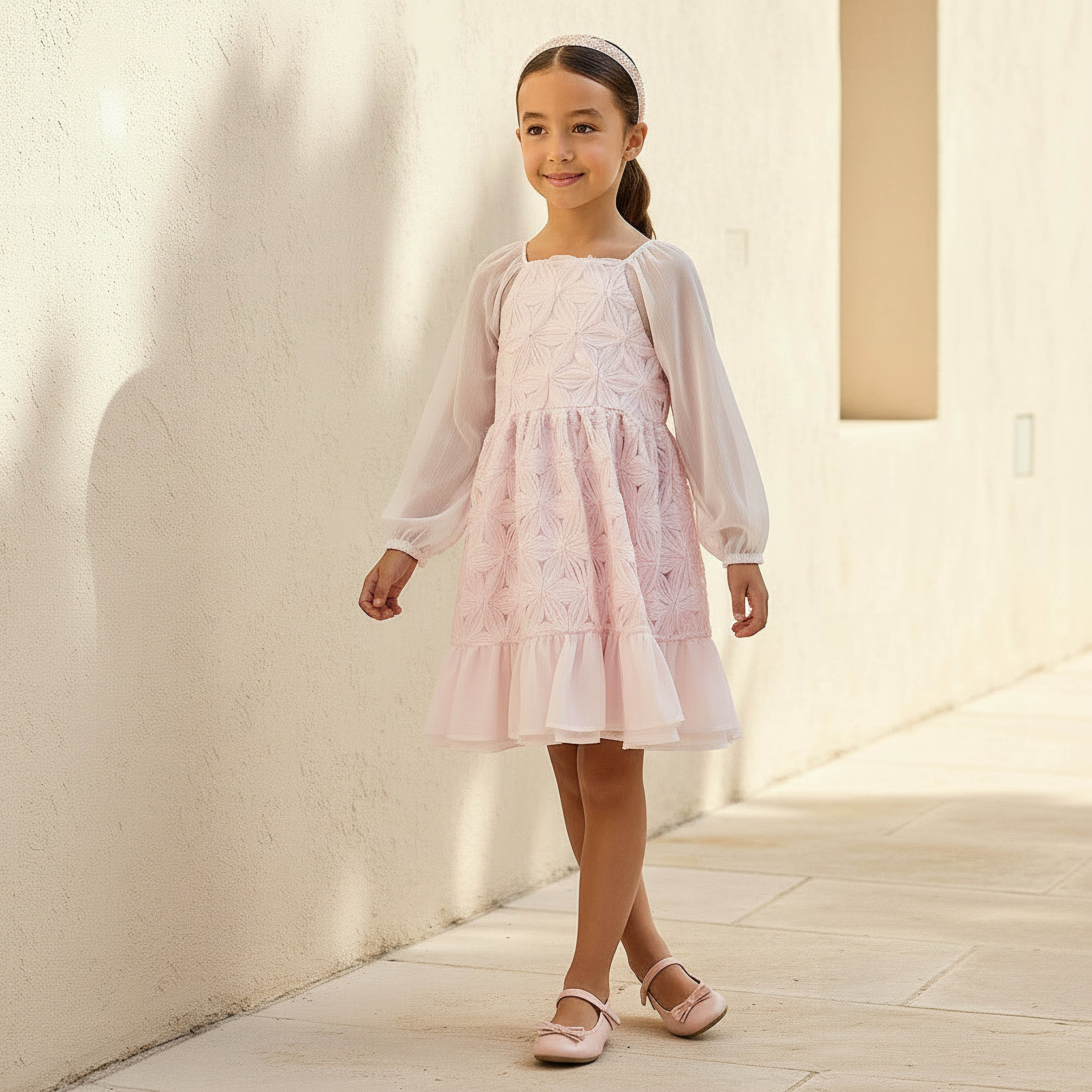 Eligo Square Neck Long Sleeves Dress with Floral Texture-girls-clothing-dressesandjumpsuits-image-2