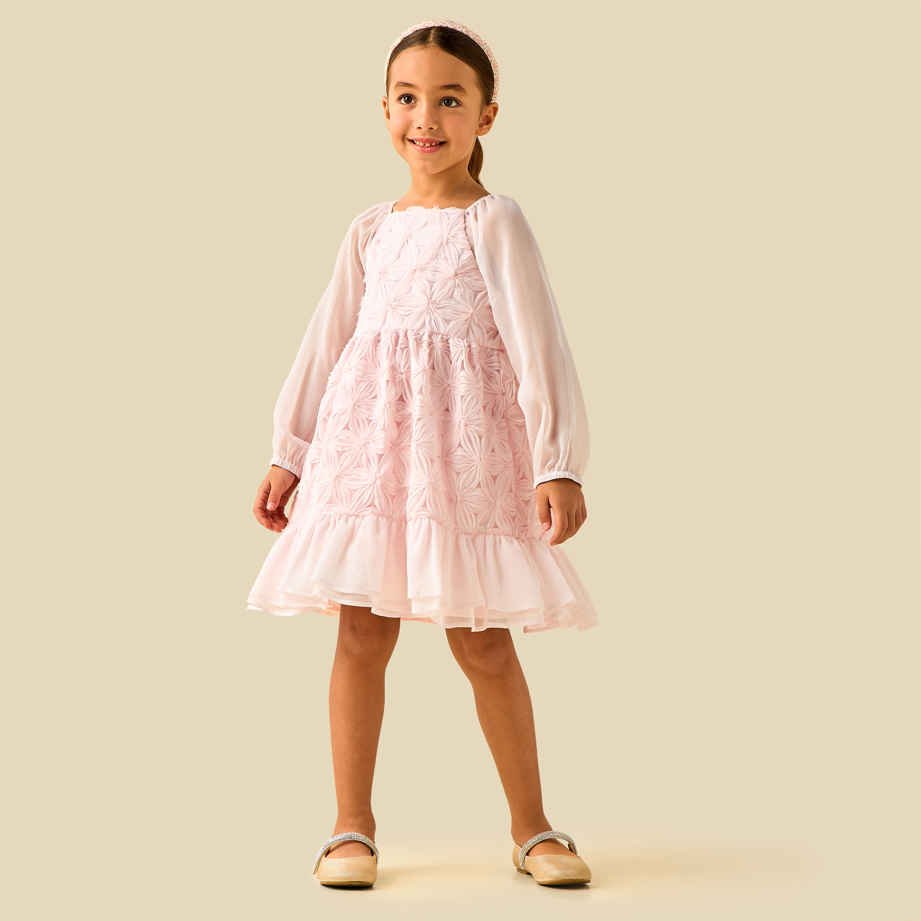 Eligo Square Neck Long Sleeves Dress with Floral Texture-girls-clothing-dressesandjumpsuits-image-3
