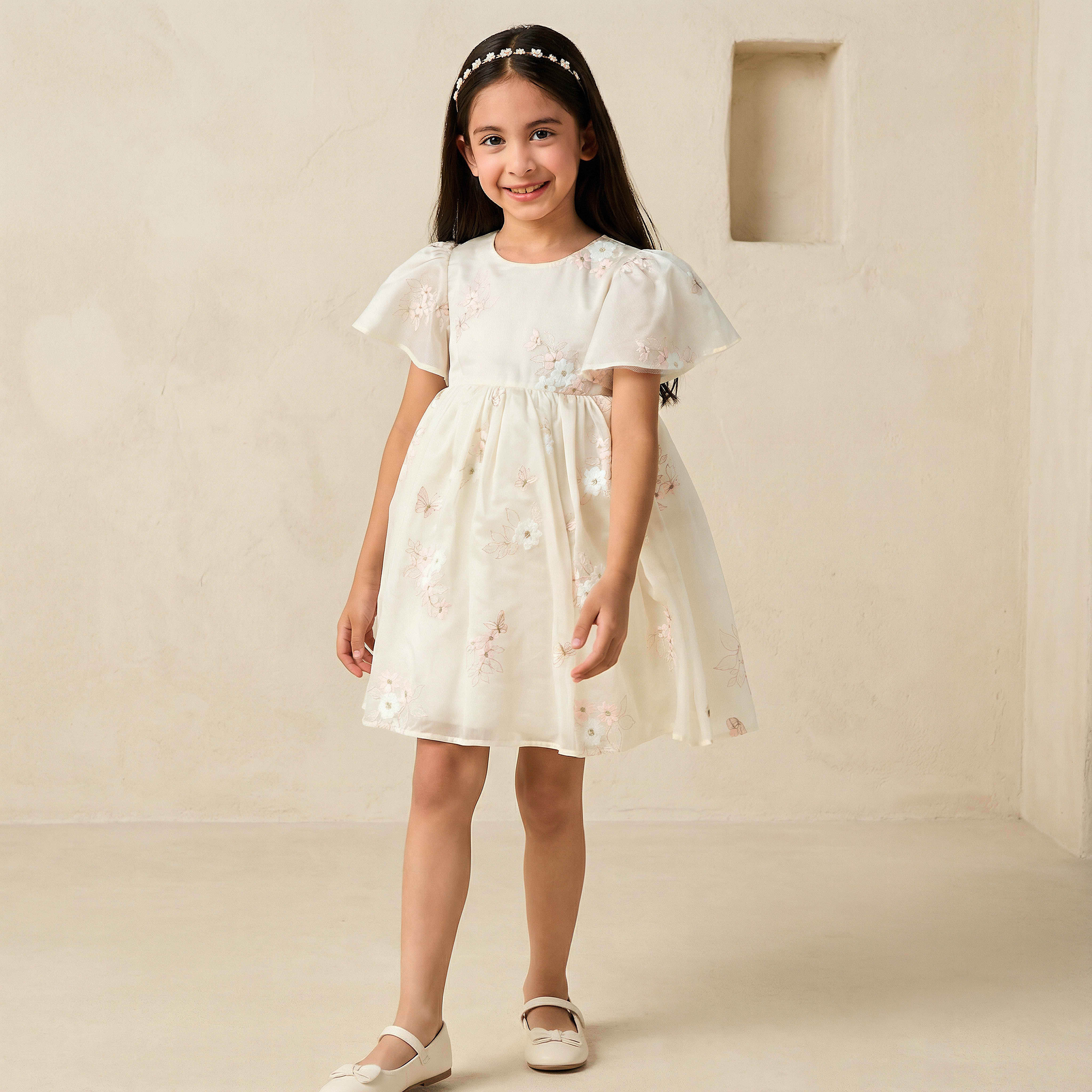 Eligo Round Neck Short Sleeves Dress with Floral Embroidery-girls-clothing-dressesandjumpsuits-image-1