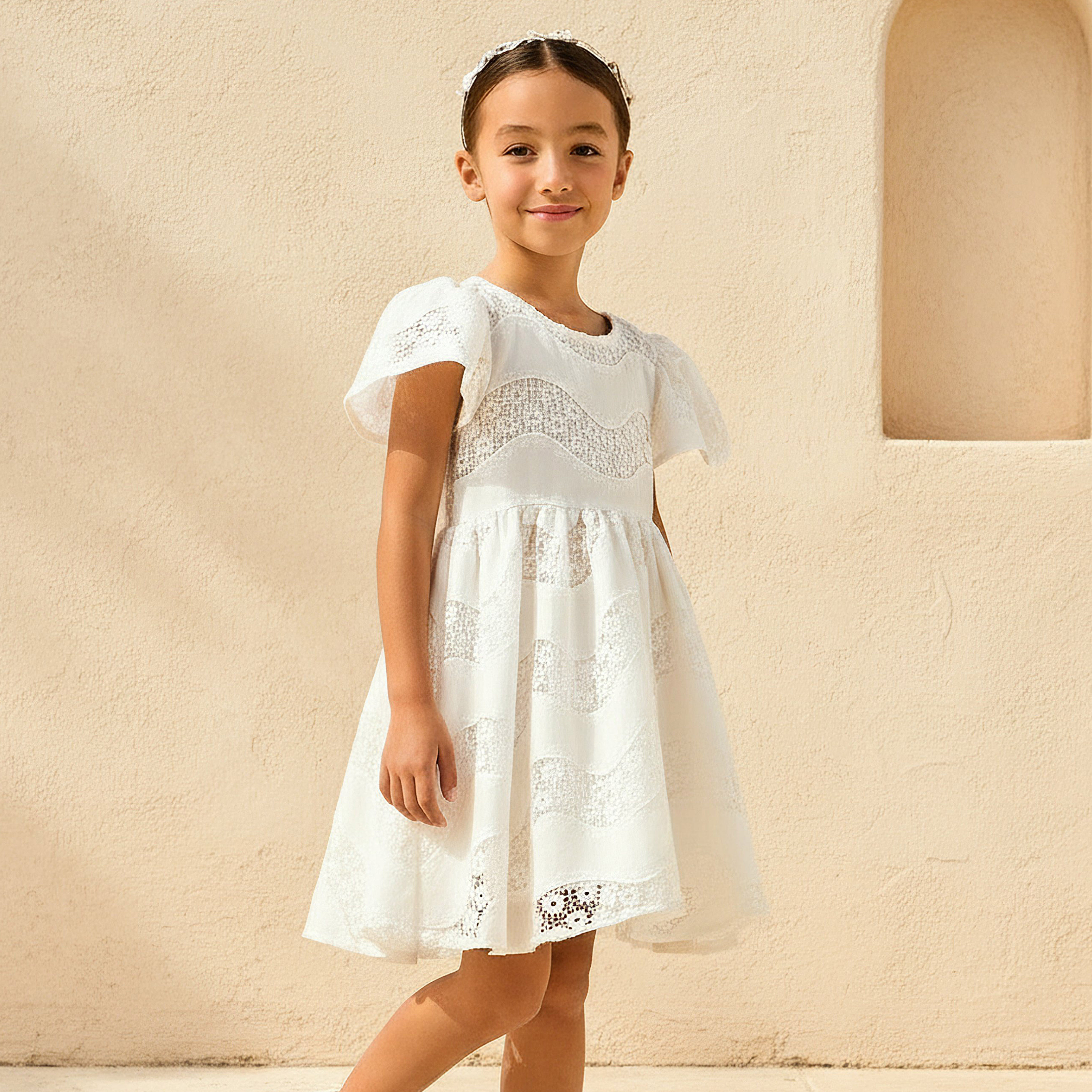 Eligo Round Neck Short Ruffle Sleeves Dress with Embroidered Lace Detail-girls-clothing-dressesandjumpsuits-image-2