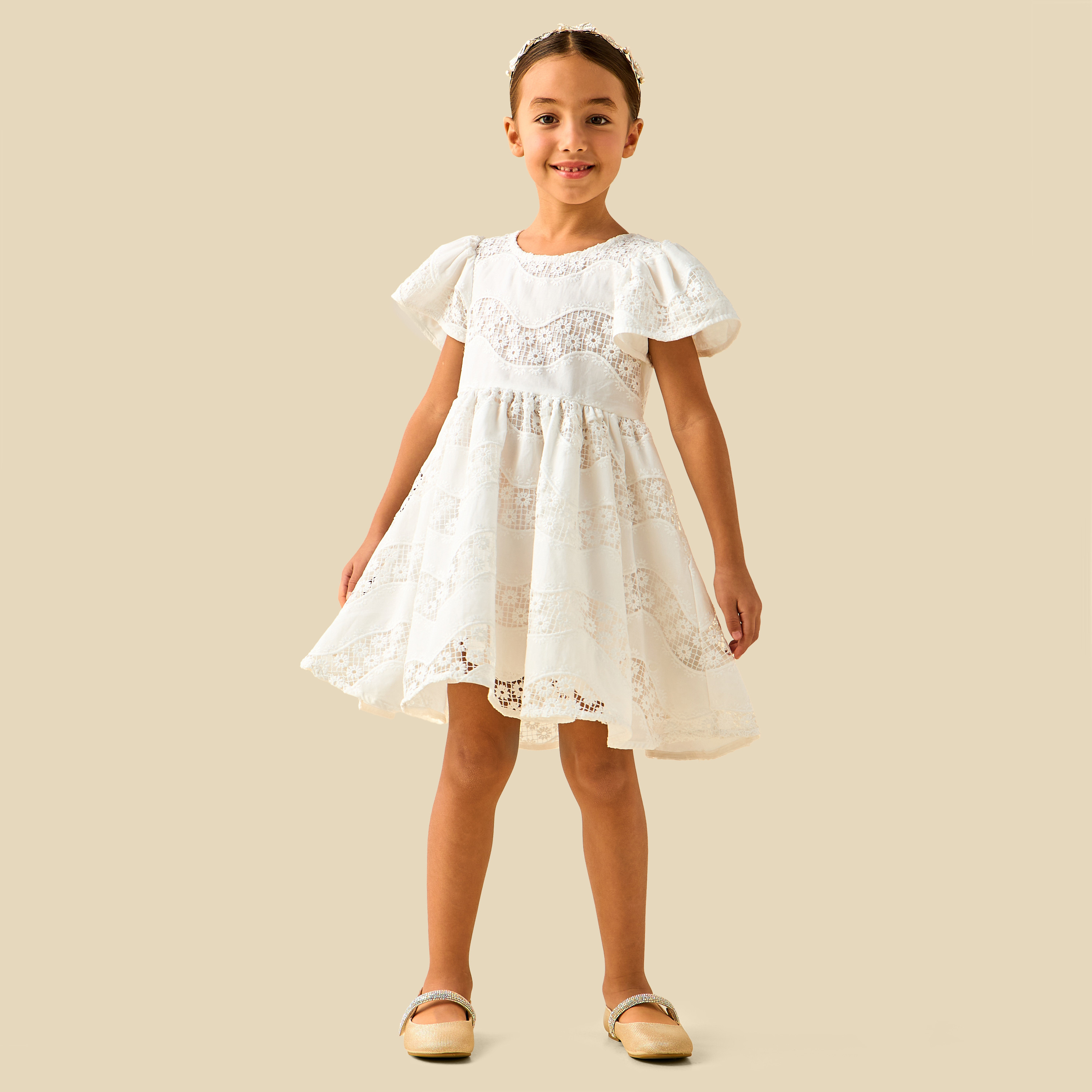 Eligo Round Neck Short Ruffle Sleeves Dress with Embroidered Lace Detail-girls-clothing-dressesandjumpsuits-image-3