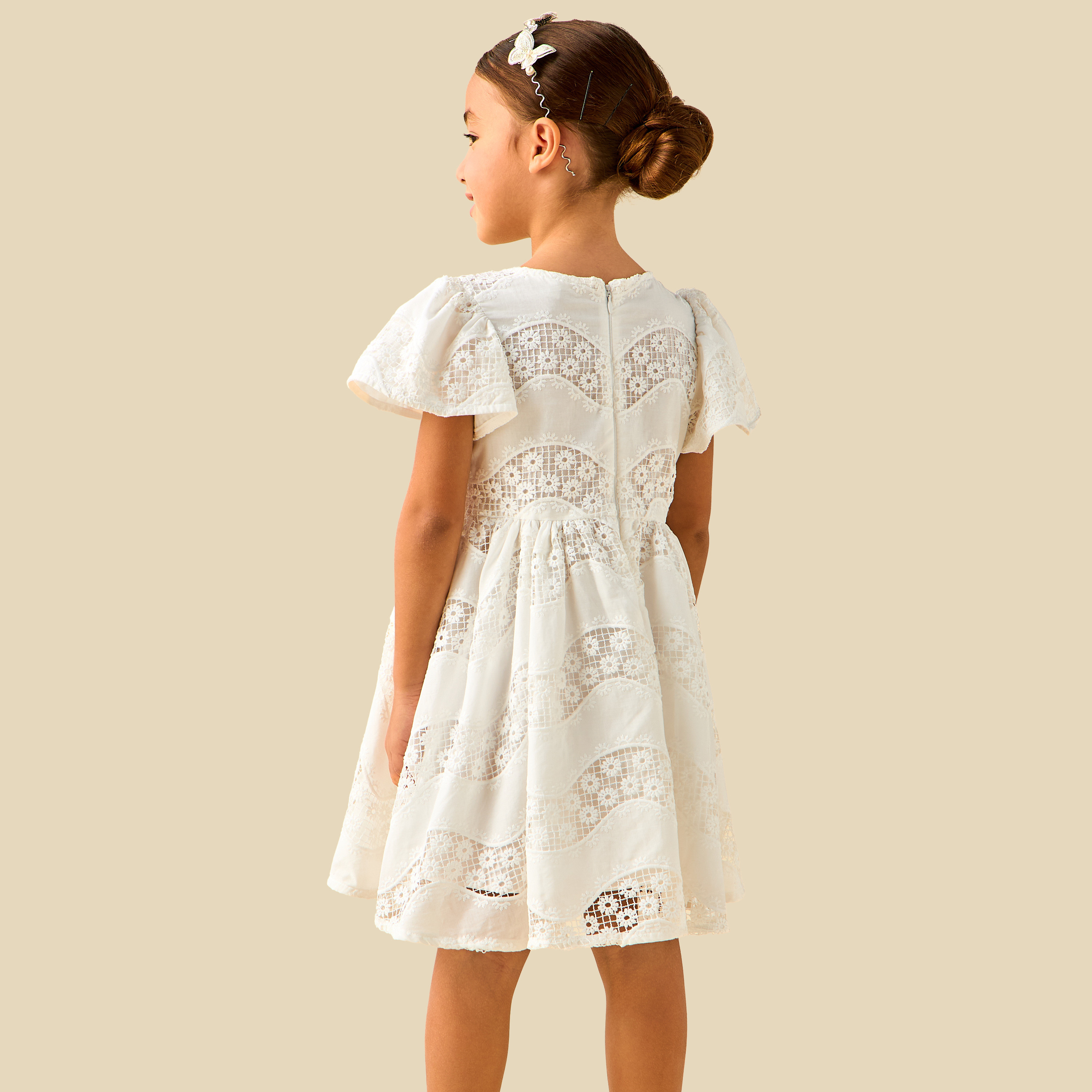 Eligo Round Neck Short Ruffle Sleeves Dress with Embroidered Lace Detail-girls-clothing-dressesandjumpsuits-image-5