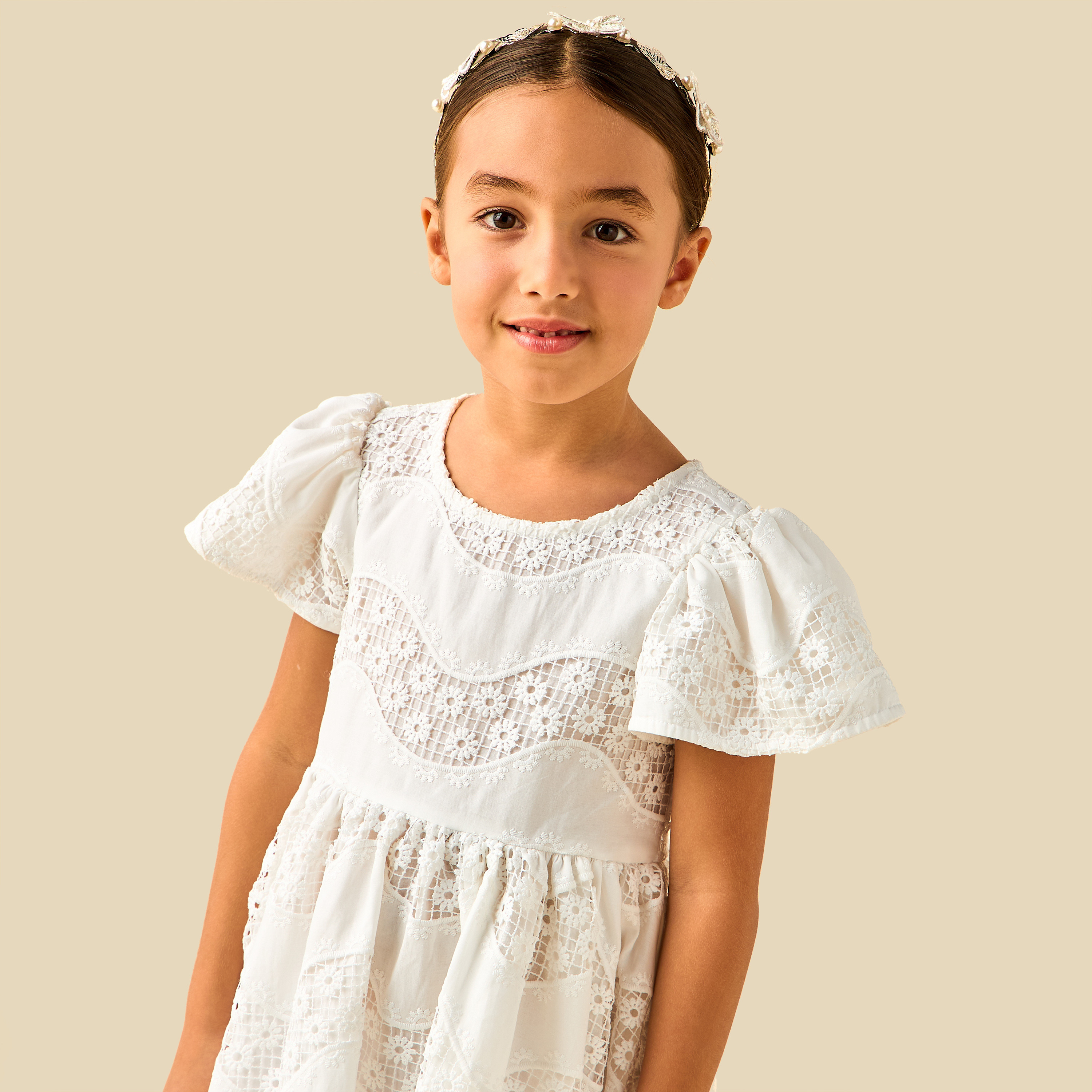 Eligo Round Neck Short Ruffle Sleeves Dress with Embroidered Lace Detail-girls-clothing-dressesandjumpsuits-image-6