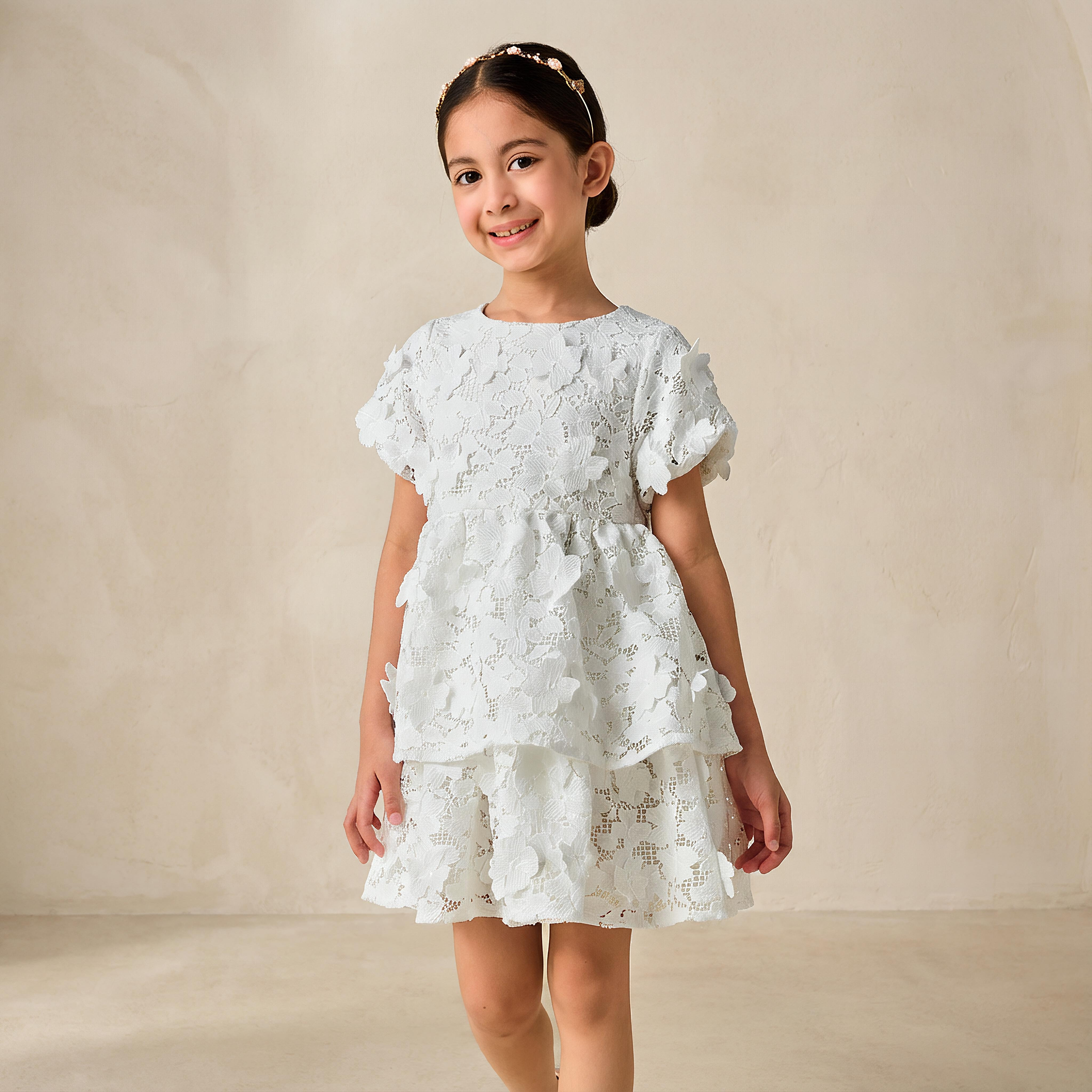 Eligo Round Neck Short Sleeves Tiered Dress with Lace Detail-girls-clothing-dressesandjumpsuits-image-1