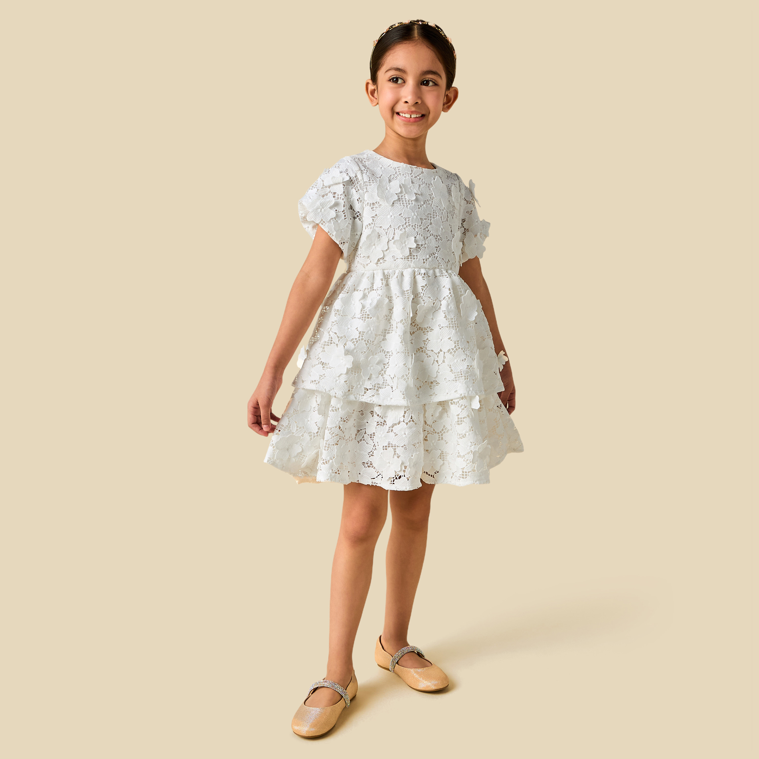 Eligo Round Neck Short Sleeves Tiered Dress with Lace Detail-girls-clothing-dressesandjumpsuits-image-2
