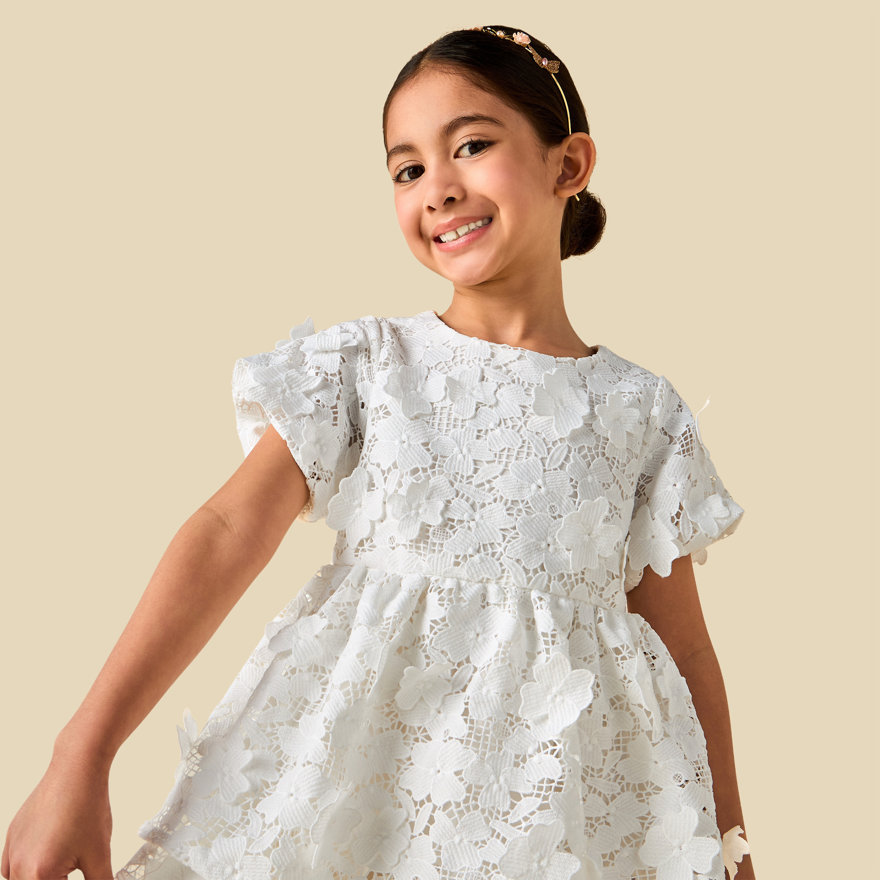 Eligo Round Neck Short Sleeves Tiered Dress with Lace Detail-girls-clothing-dressesandjumpsuits-image-5