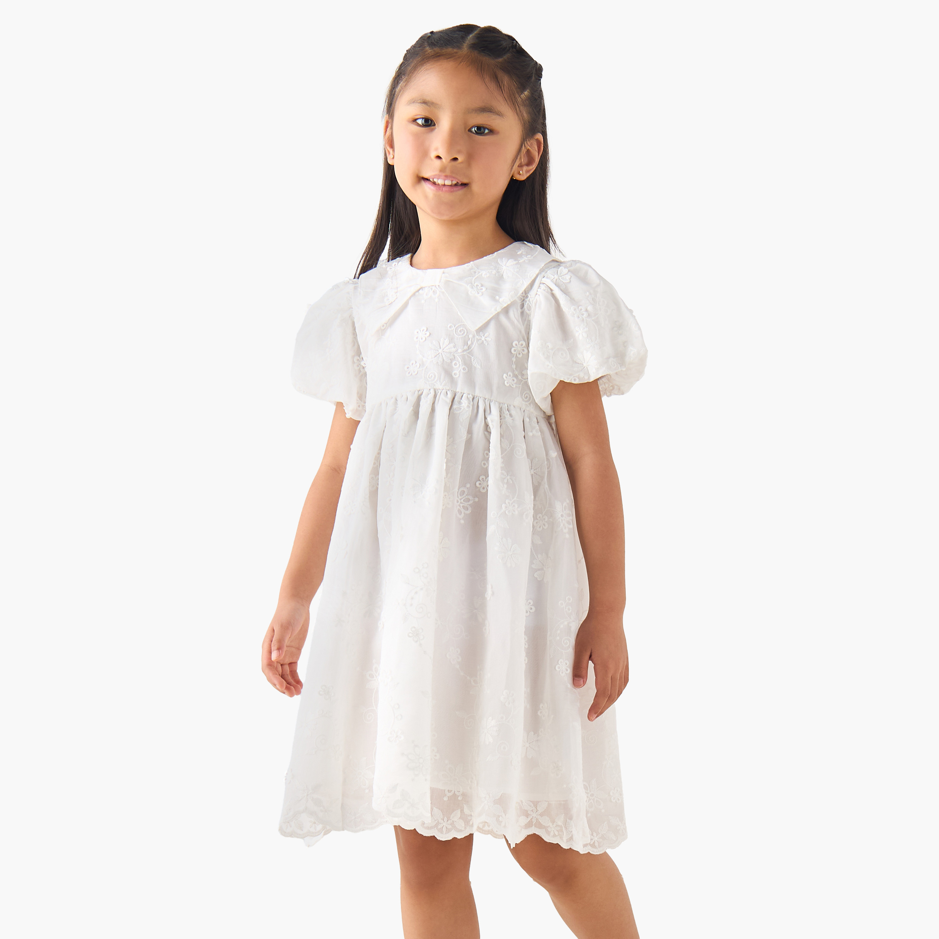 Eligo Peter Pan Collar Short Puff Sleeves A-line Dress with Floral Embroidery-girls-clothing-dressesandjumpsuits-image-1