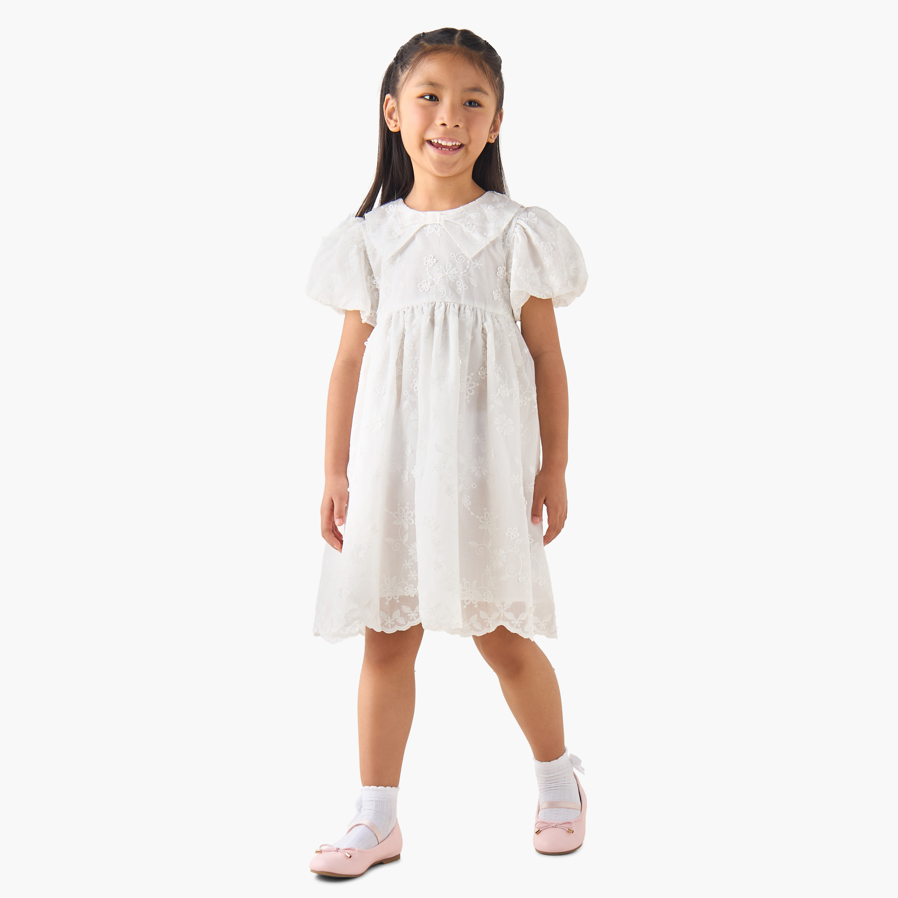 Eligo Peter Pan Collar Short Puff Sleeves A-line Dress with Floral Embroidery-girls-clothing-dressesandjumpsuits-image-2