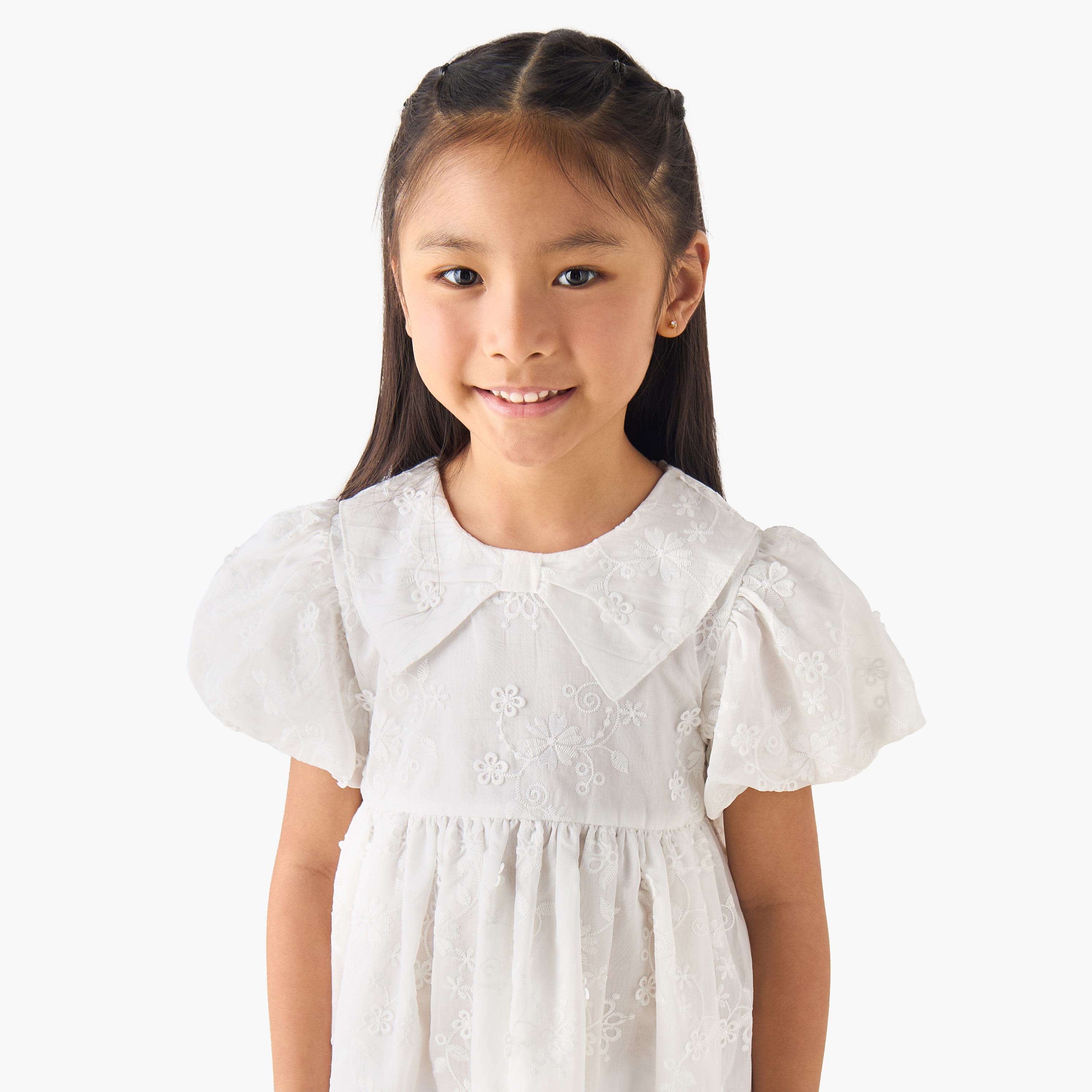 Eligo Peter Pan Collar Short Puff Sleeves A-line Dress with Floral Embroidery-girls-clothing-dressesandjumpsuits-image-4