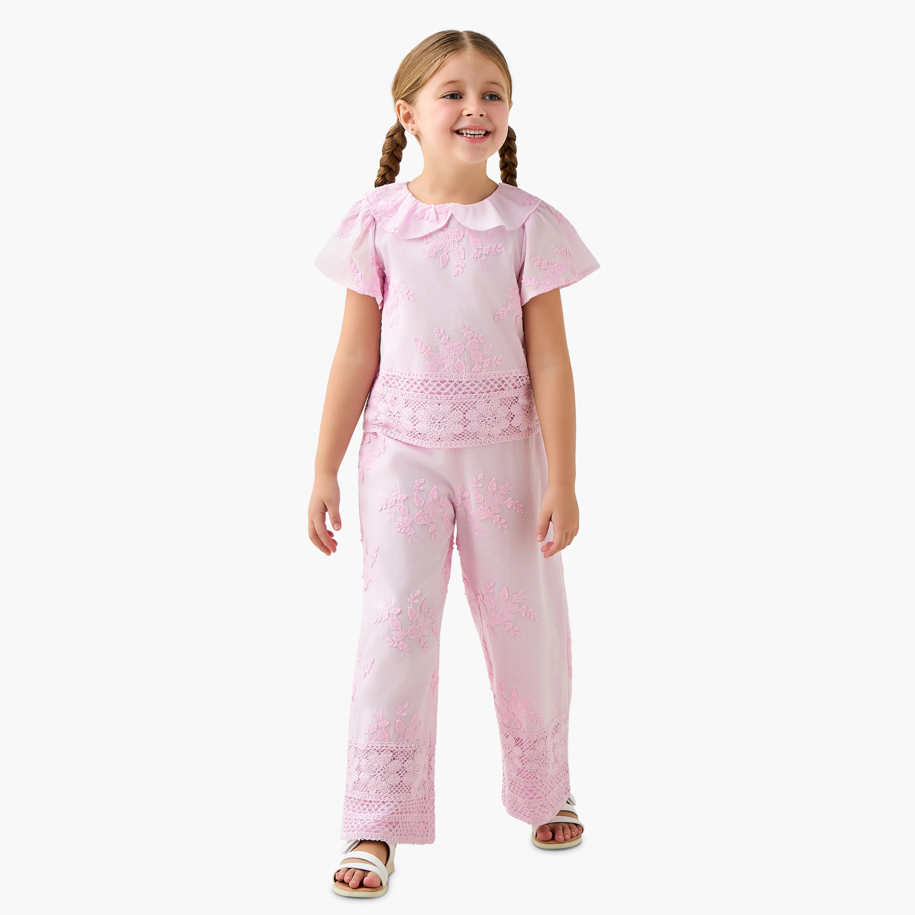 Eligo Collared Short Sleeves Top and Pants Set with Embroidery-girls-clothing-setsandcoords-image-1