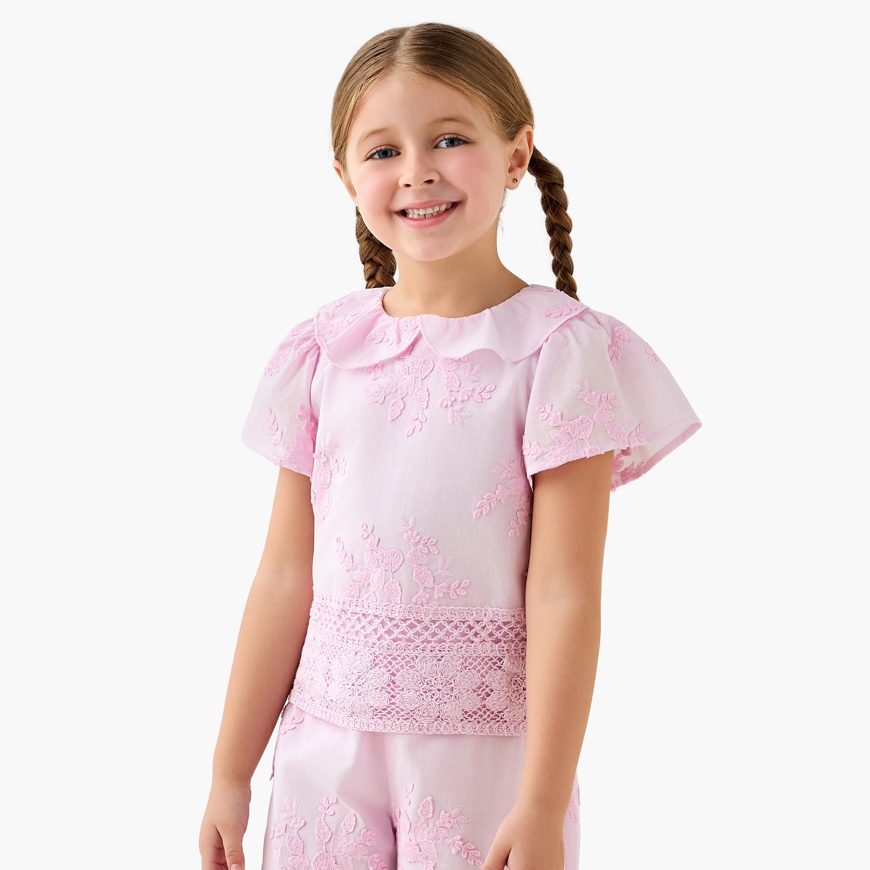 Eligo Collared Short Sleeves Top and Pants Set with Embroidery-girls-clothing-setsandcoords-image-2