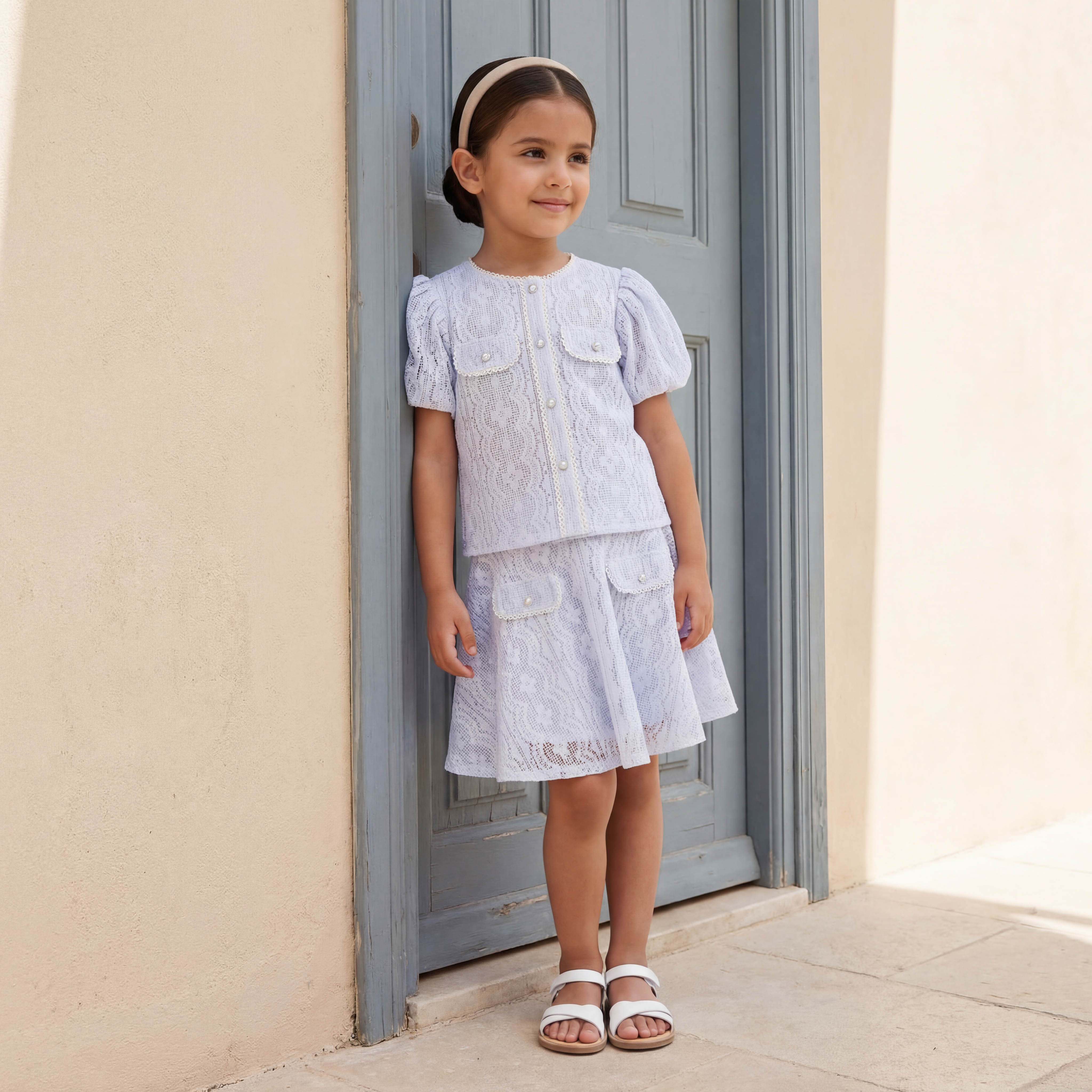 Eligo Crew Neck Short Puff Sleeves Top and Skirt Set with Textured Design-baby-girls-clothing-setsandcoords-image-1