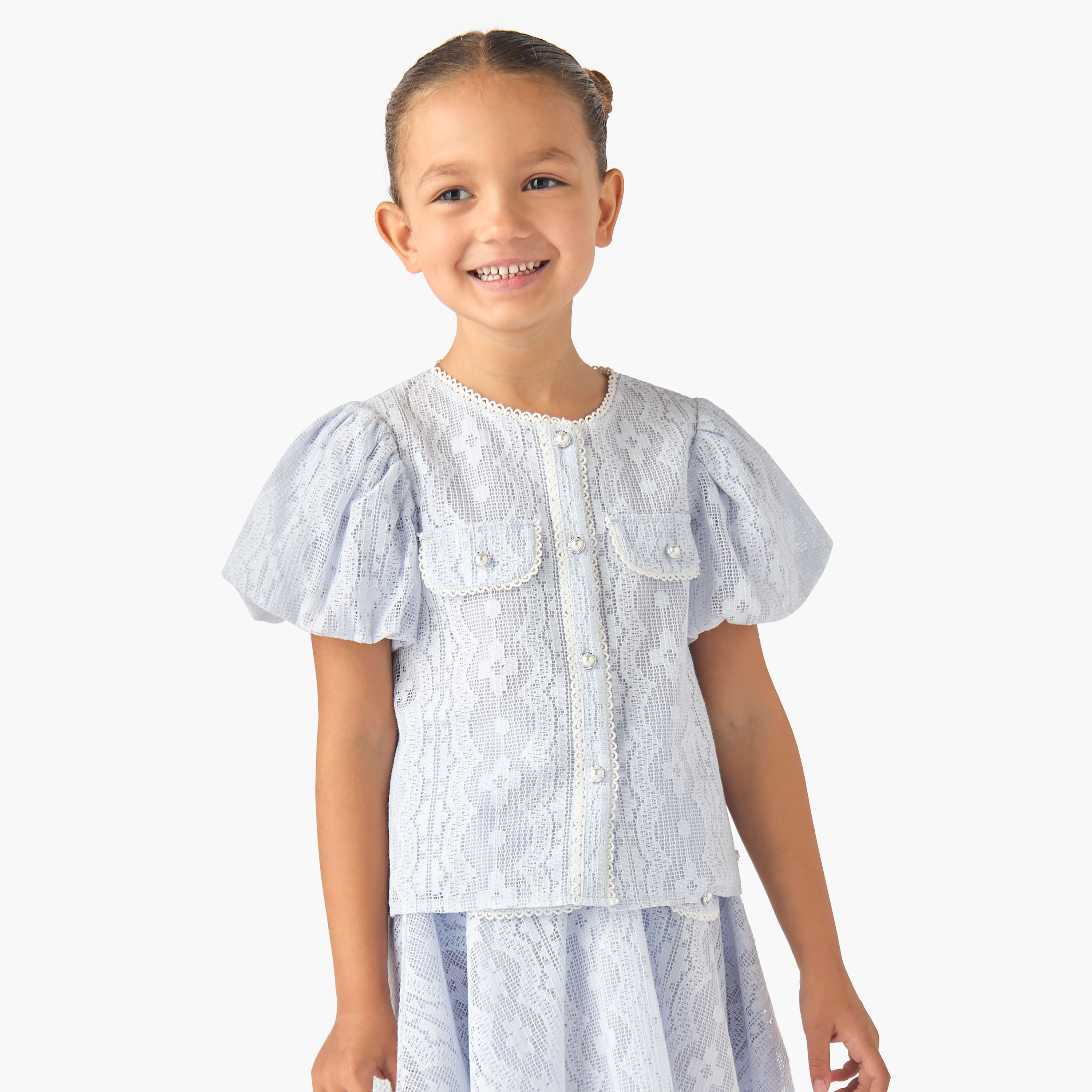 Eligo Crew Neck Short Puff Sleeves Top and Skirt Set with Textured Design-baby-girls-clothing-setsandcoords-image-2