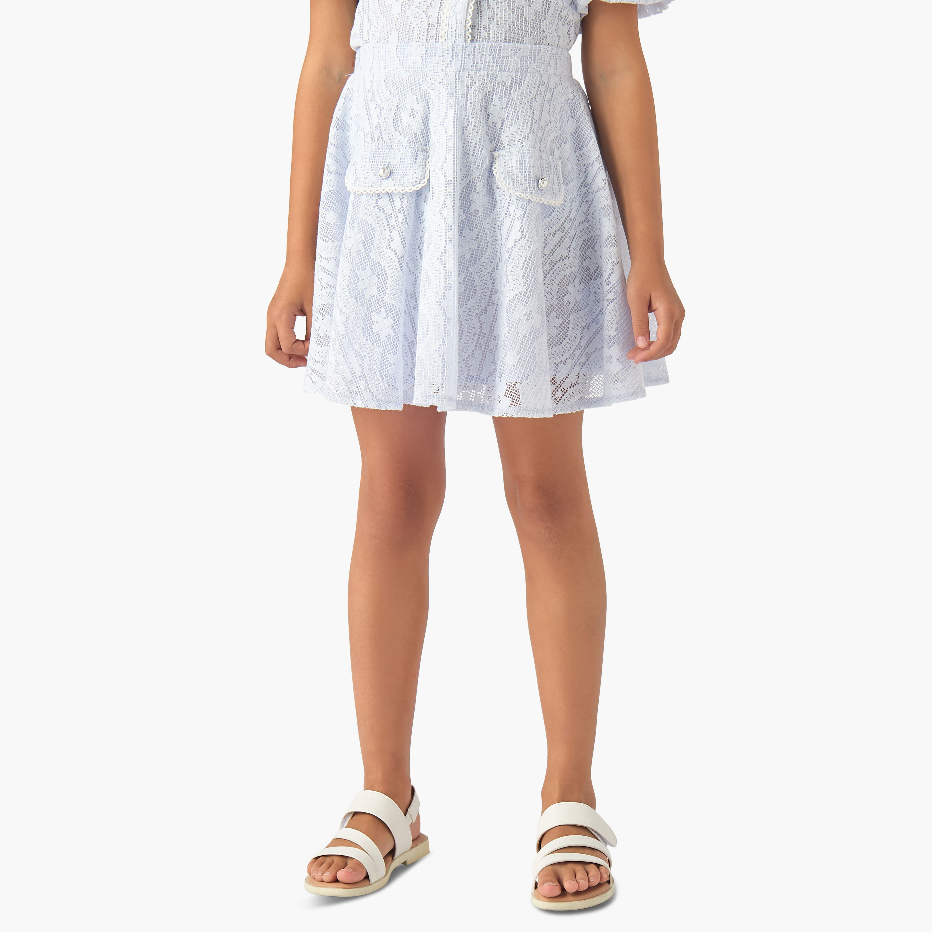 Eligo Crew Neck Short Puff Sleeves Top and Skirt Set with Textured Design-baby-girls-clothing-setsandcoords-image-3