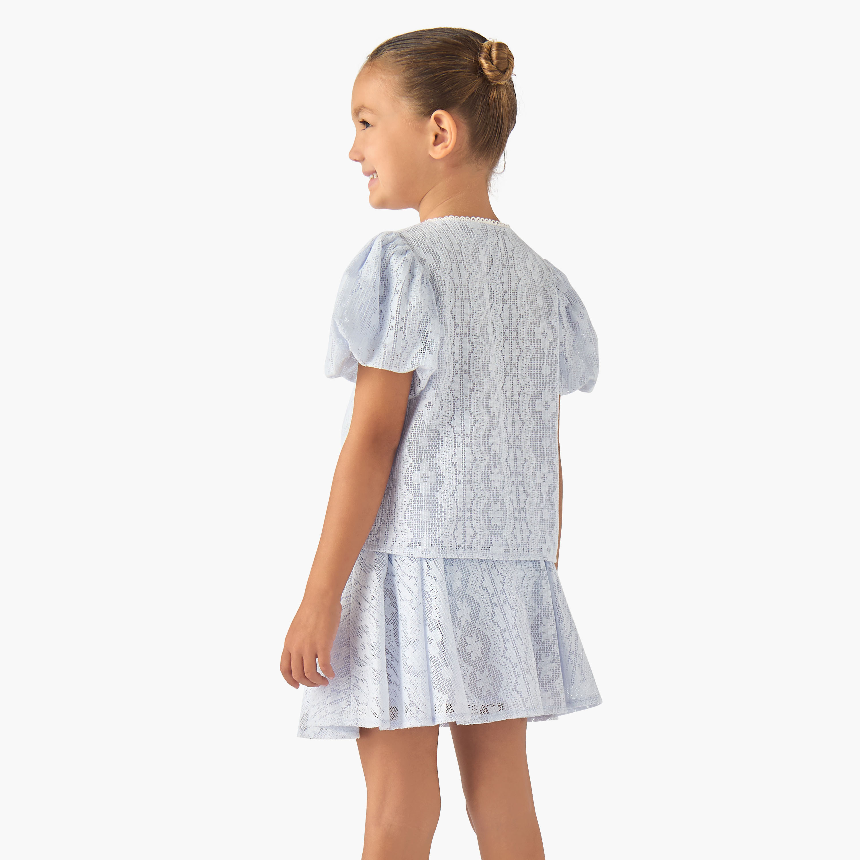 Eligo Crew Neck Short Puff Sleeves Top and Skirt Set with Textured Design-baby-girls-clothing-setsandcoords-image-4