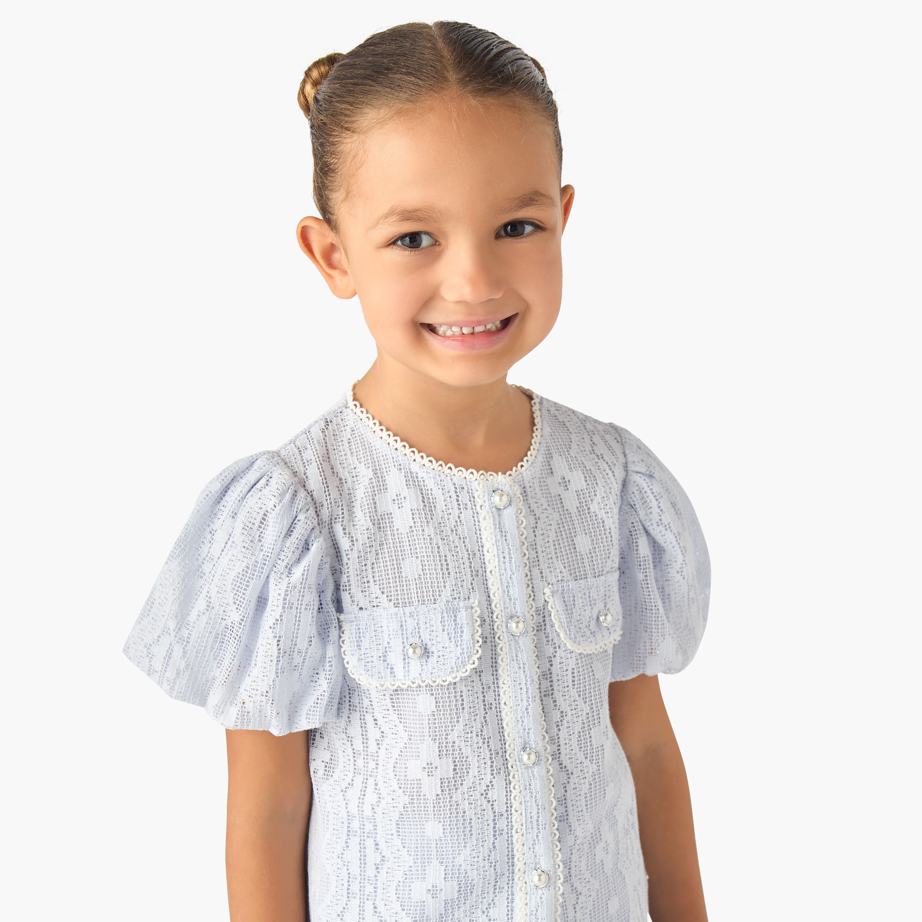 Eligo Crew Neck Short Puff Sleeves Top and Skirt Set with Textured Design-baby-girls-clothing-setsandcoords-image-5