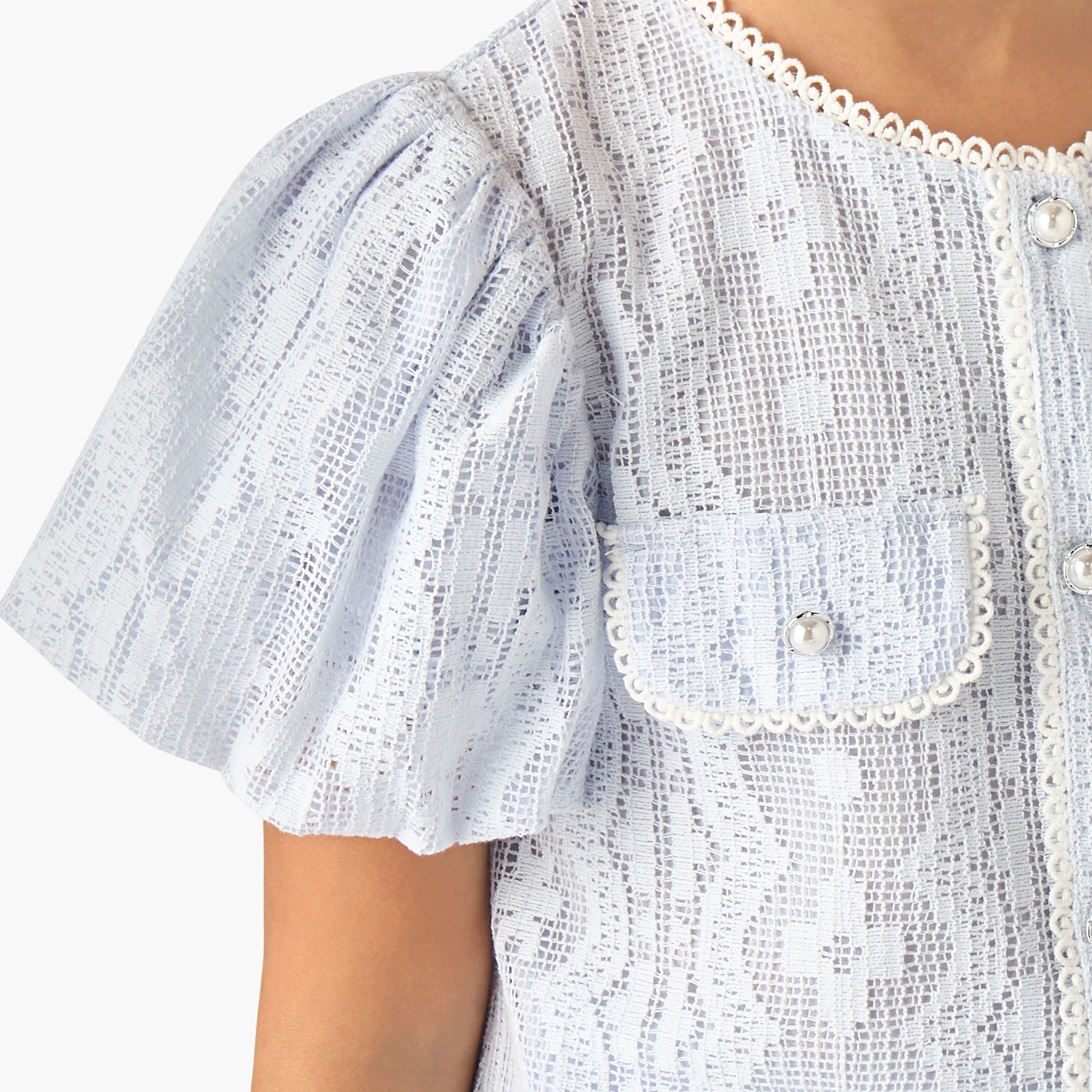 Eligo Crew Neck Short Puff Sleeves Top and Skirt Set with Textured Design-baby-girls-clothing-setsandcoords-image-6