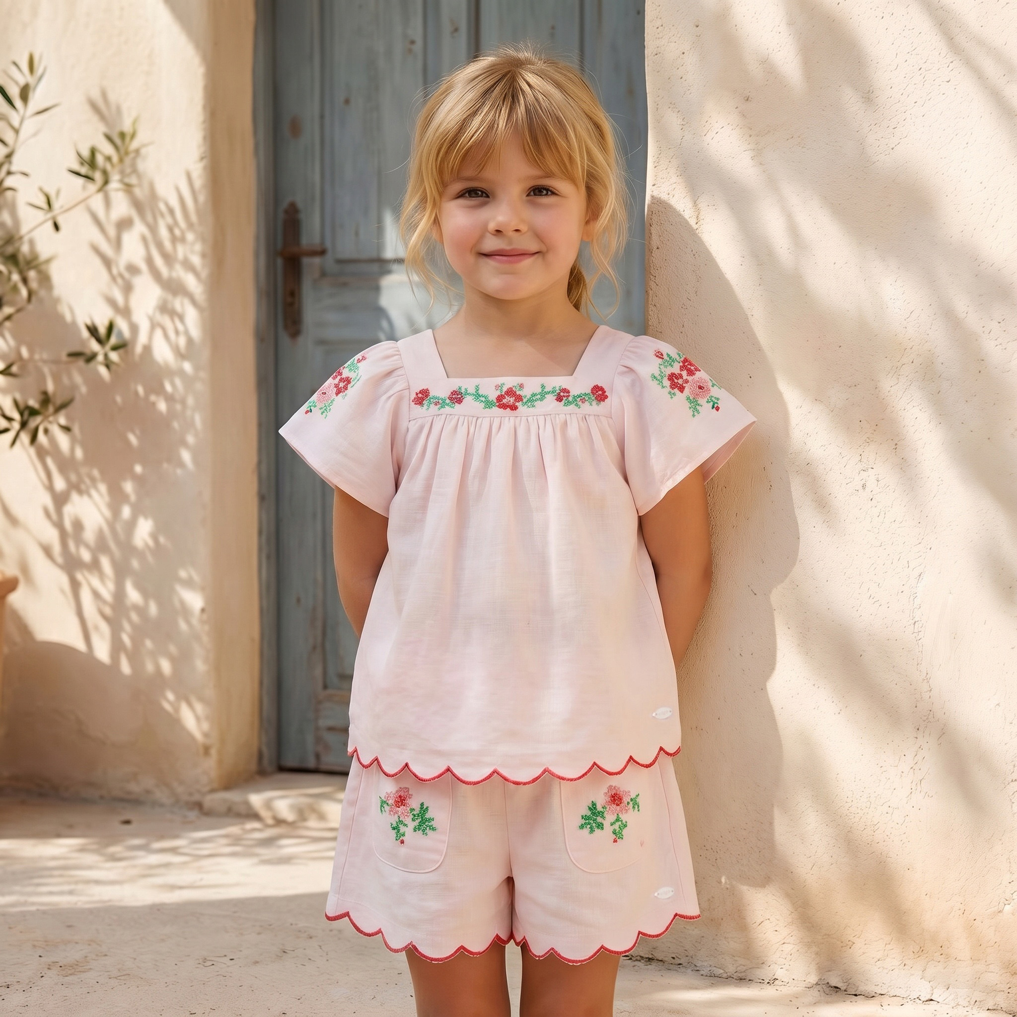 طقم شورت وبلوزة بياقة مربعة وأكمام قصيرة وتطريز زهري-girls-clothing-setsandcoords-image-5