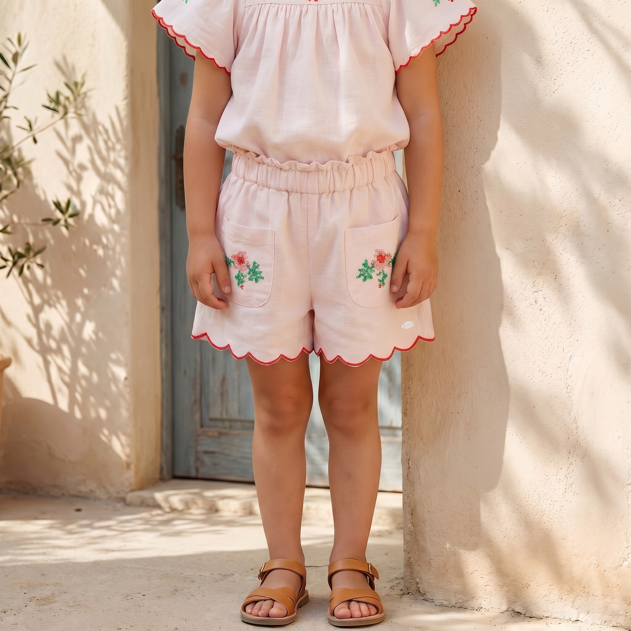 طقم شورت وبلوزة بياقة مربعة وأكمام قصيرة وتطريز زهري-girls-clothing-setsandcoords-image-3