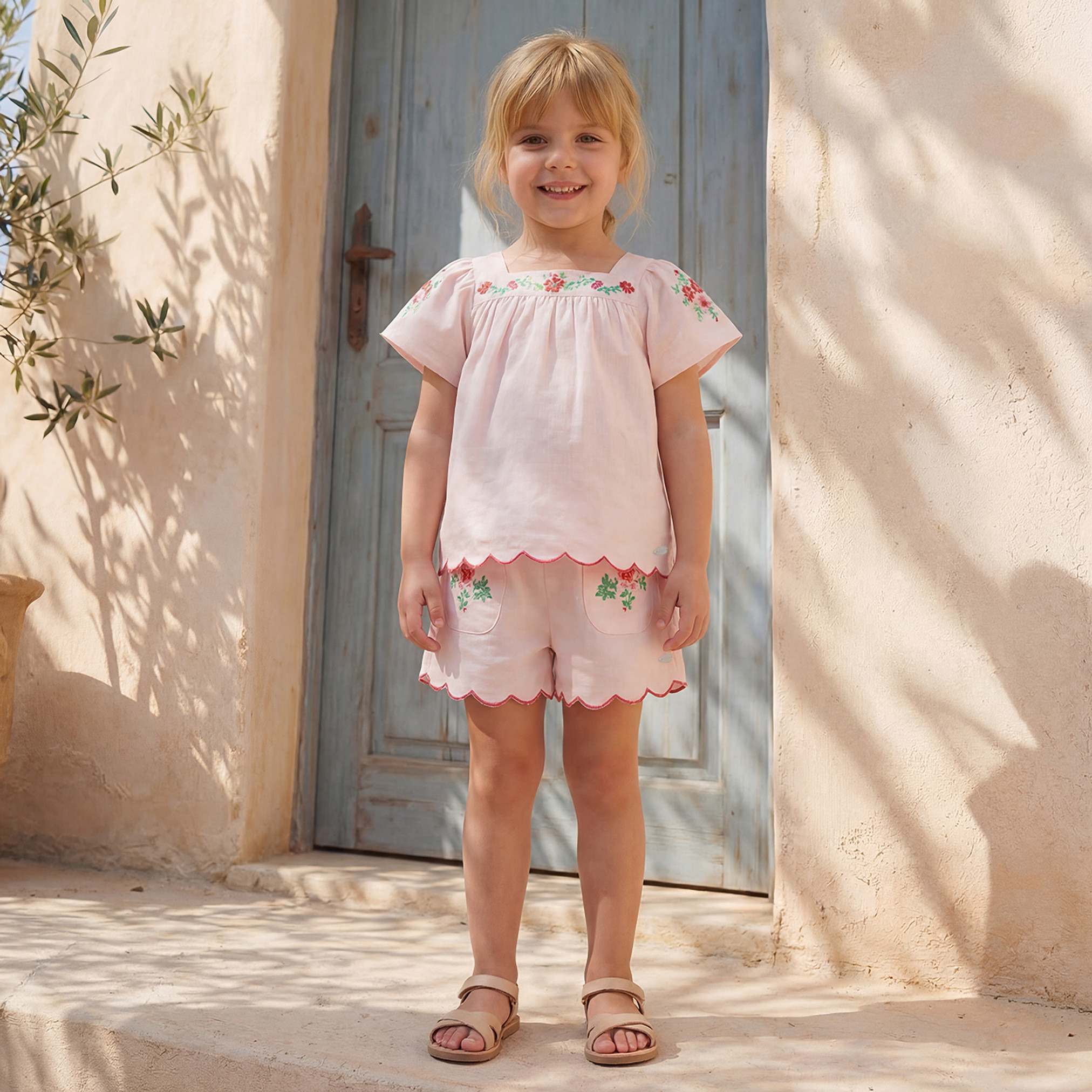 طقم شورت وبلوزة بياقة مربعة وأكمام قصيرة وتطريز زهري-girls-clothing-setsandcoords-image-1