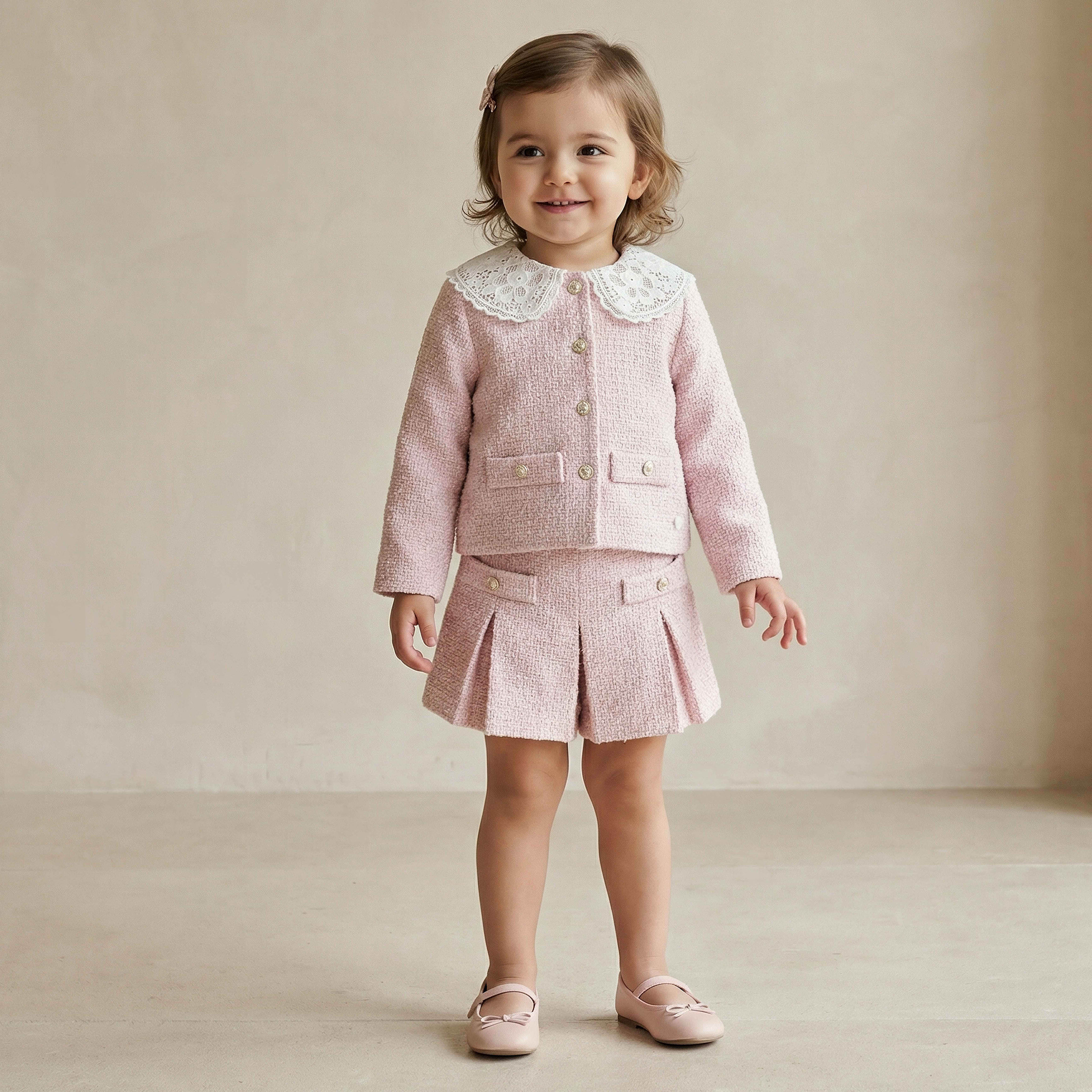 Eligo Peter Pan Collar Long Sleeves Cardigan Jacket and Shorts Set with Textured Design-baby-girls-clothing-setsandcoords-image-1