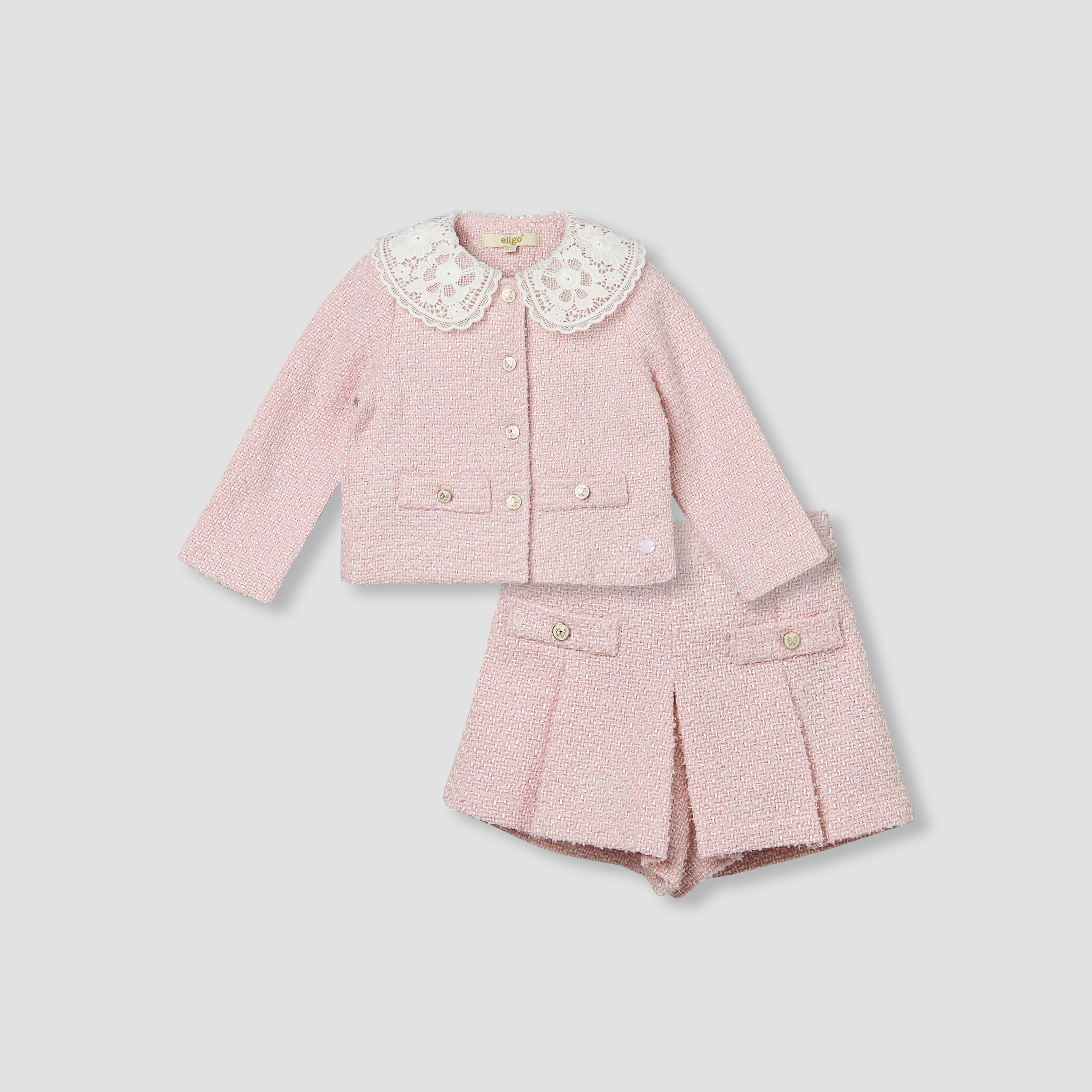 Eligo Peter Pan Collar Long Sleeves Cardigan Jacket and Shorts Set with Textured Design-baby-girls-clothing-setsandcoords-image-2