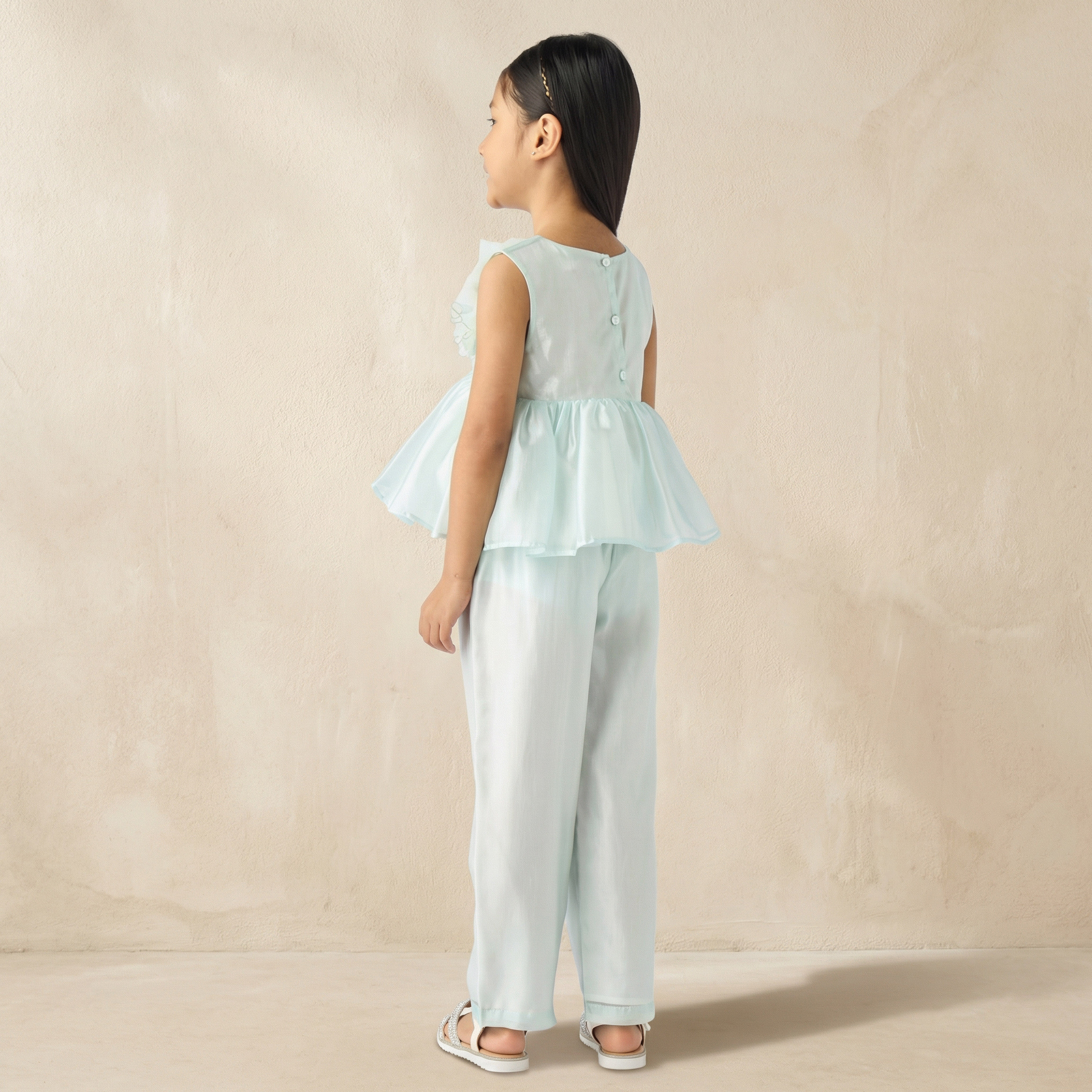 طقم بنطلون بتزيينات زهرية وبلوزة بيبلوم دون أكمام بياقة مستديرة من إليجو-girls-clothing-setsandcoords-image-3