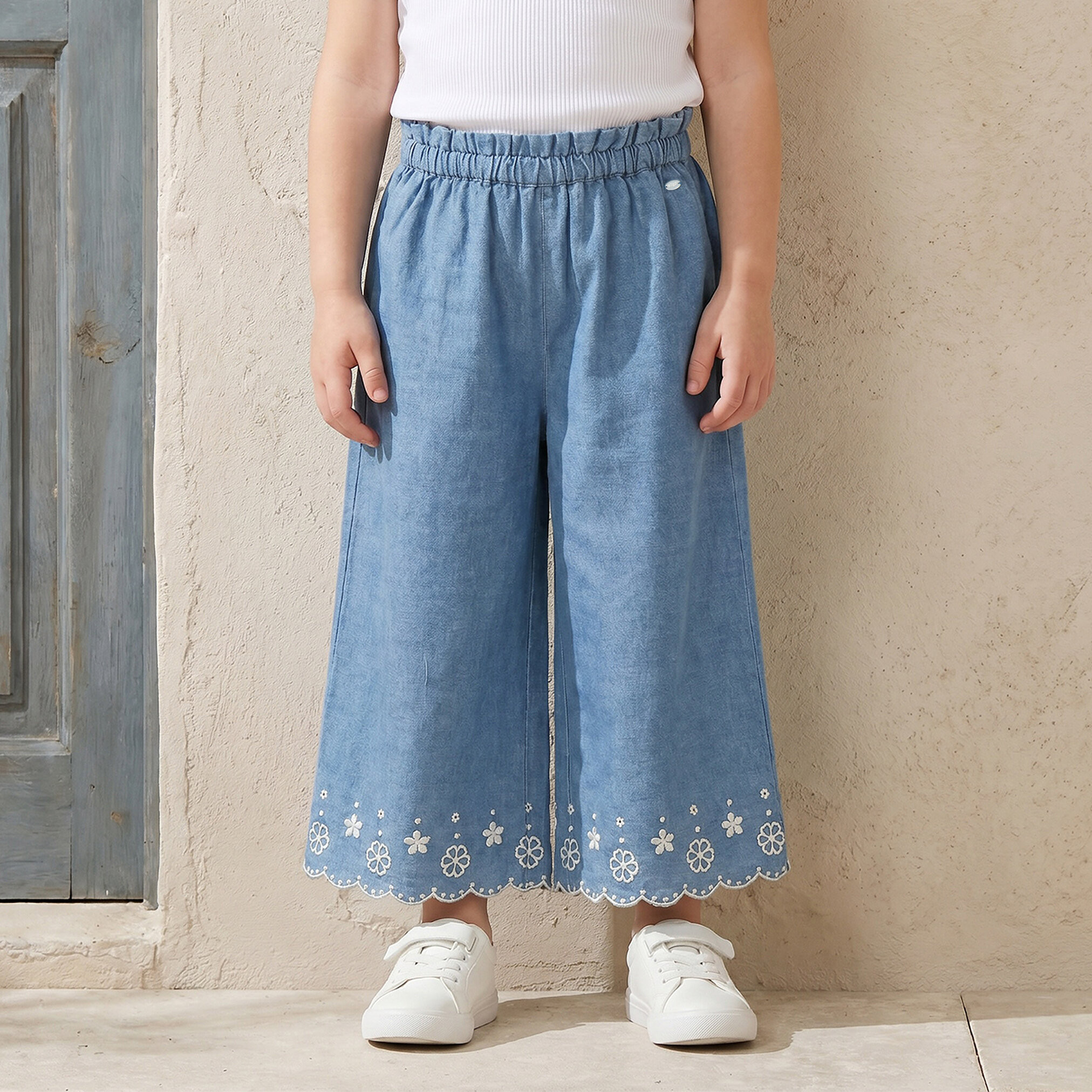 Eligo Wide Leg Pants with Embroidery- Elasticated Waist-baby-girls-clothing-bottoms-trousers-image-1