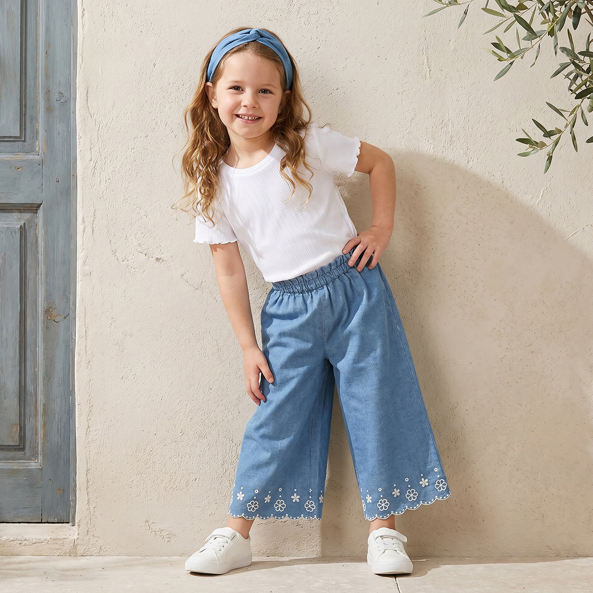 Eligo Wide Leg Pants with Embroidery- Elasticated Waist-baby-girls-clothing-bottoms-trousers-image-2