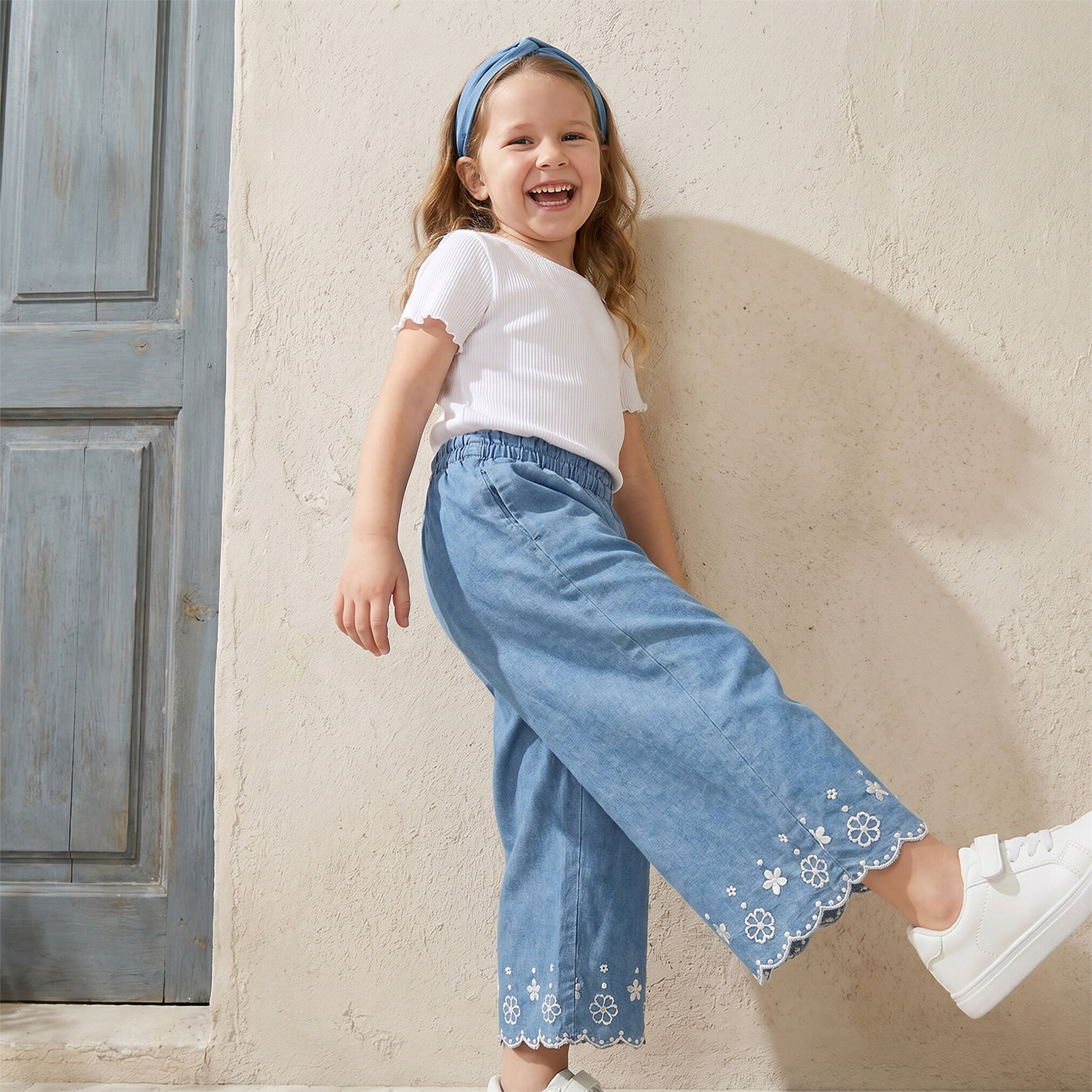 Eligo Wide Leg Pants with Embroidery- Elasticated Waist-baby-girls-clothing-bottoms-trousers-image-5
