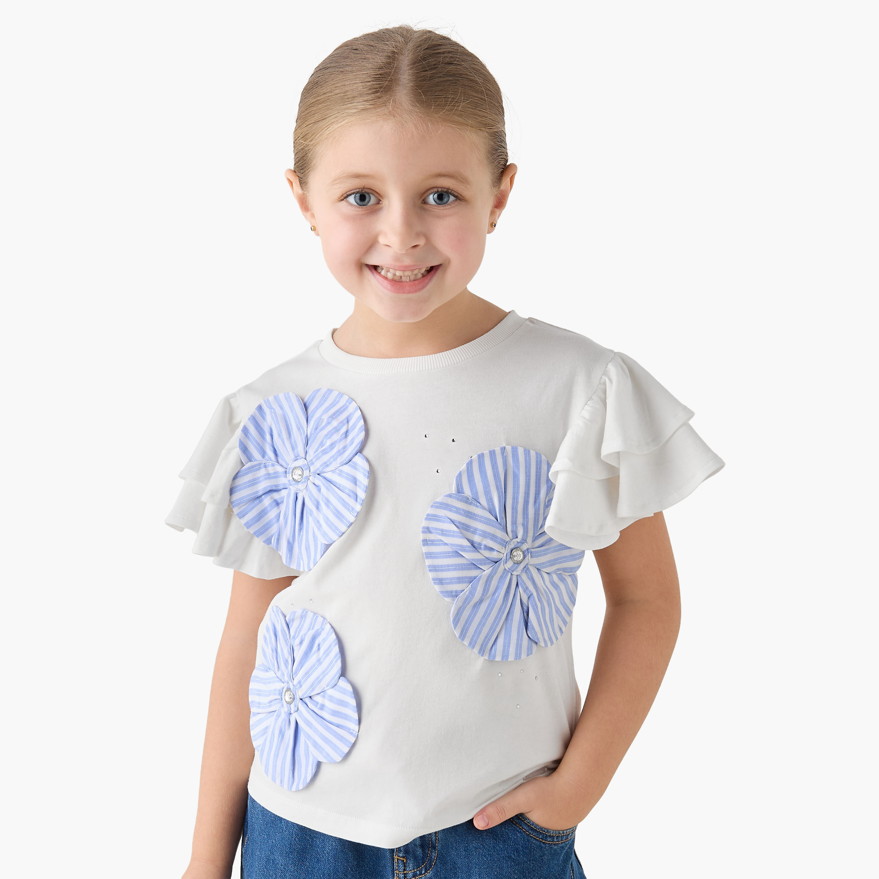 Lee Cooper Crew Neck Short Ruffle Sleeves T-shirt with Floral Applique-girls-clothing-tshirts-image-1