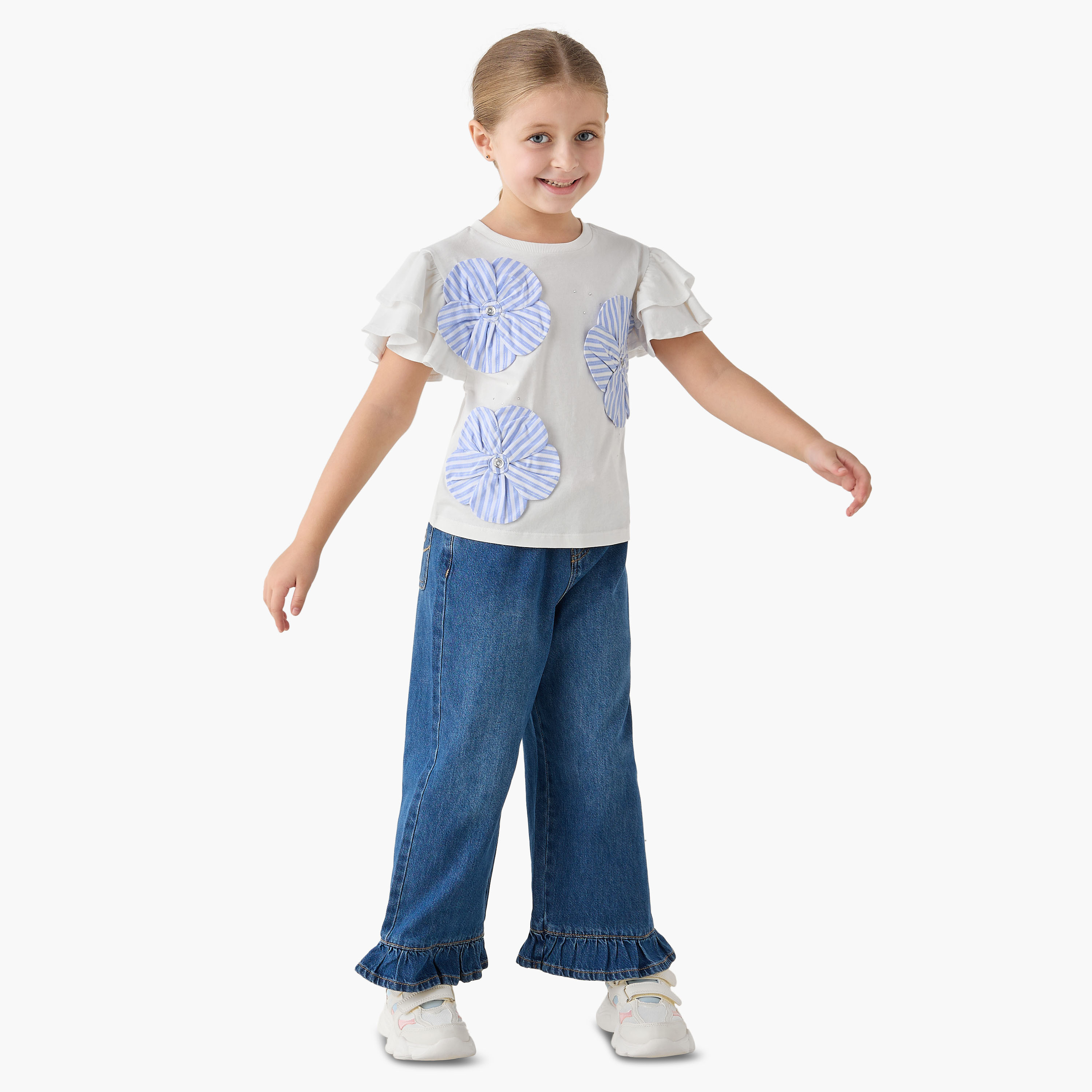 Lee Cooper Crew Neck Short Ruffle Sleeves T-shirt with Floral Applique-girls-clothing-tshirts-image-2