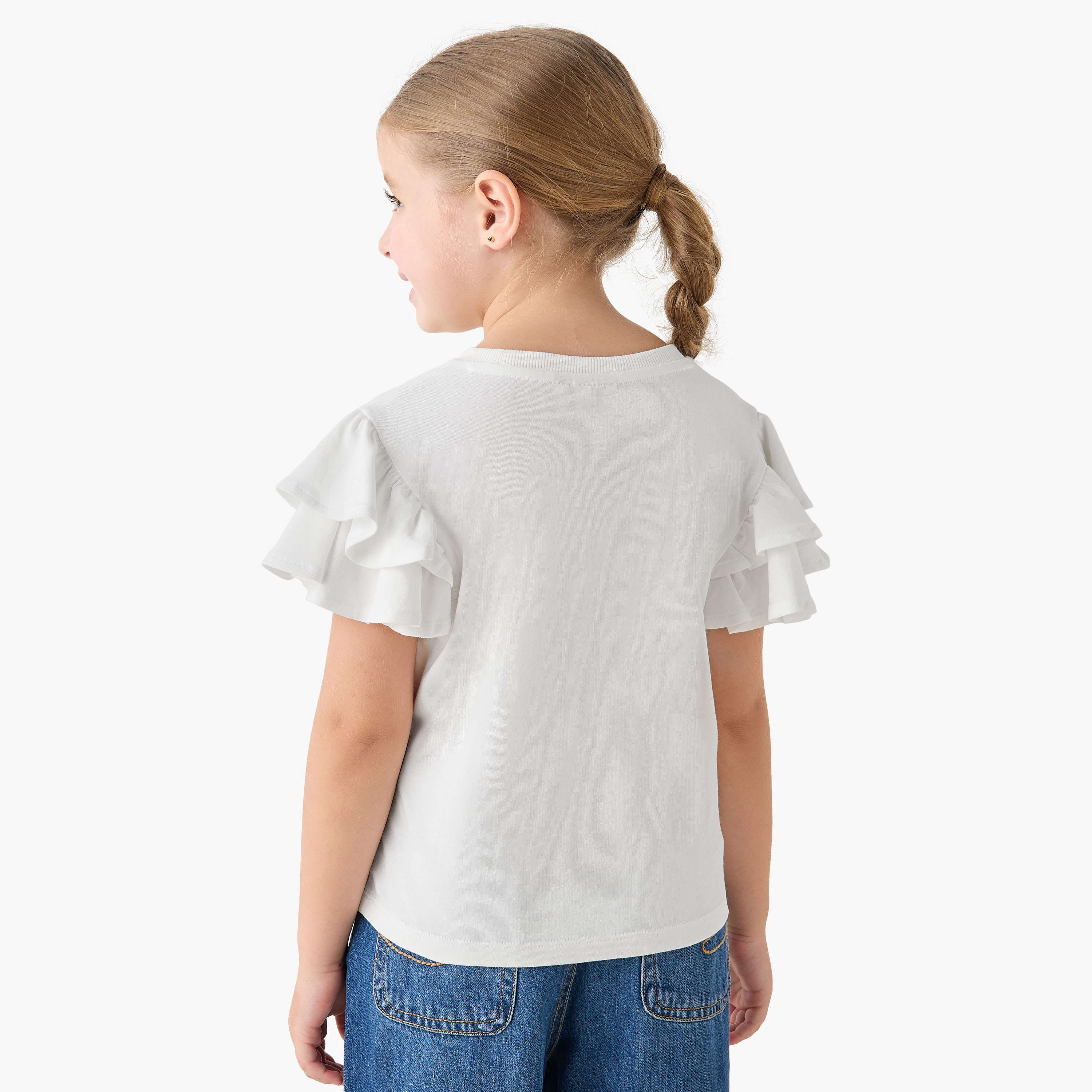 Lee Cooper Crew Neck Short Ruffle Sleeves T-shirt with Floral Applique-girls-clothing-tshirts-image-3