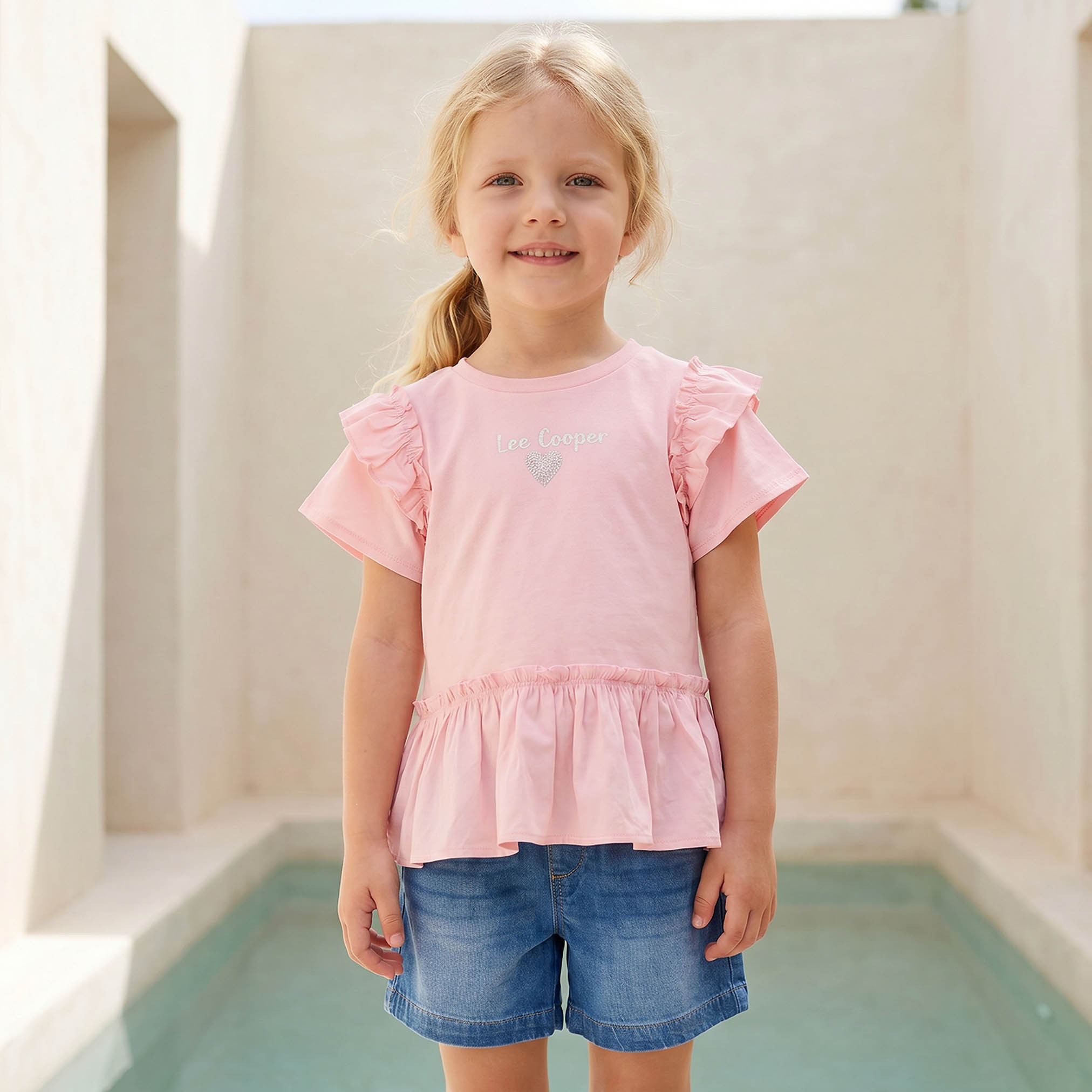 Lee Cooper Crew Neck Short Sleeves Peplum Top with Heart Embellishment-girls-clothing-tshirts-image-1