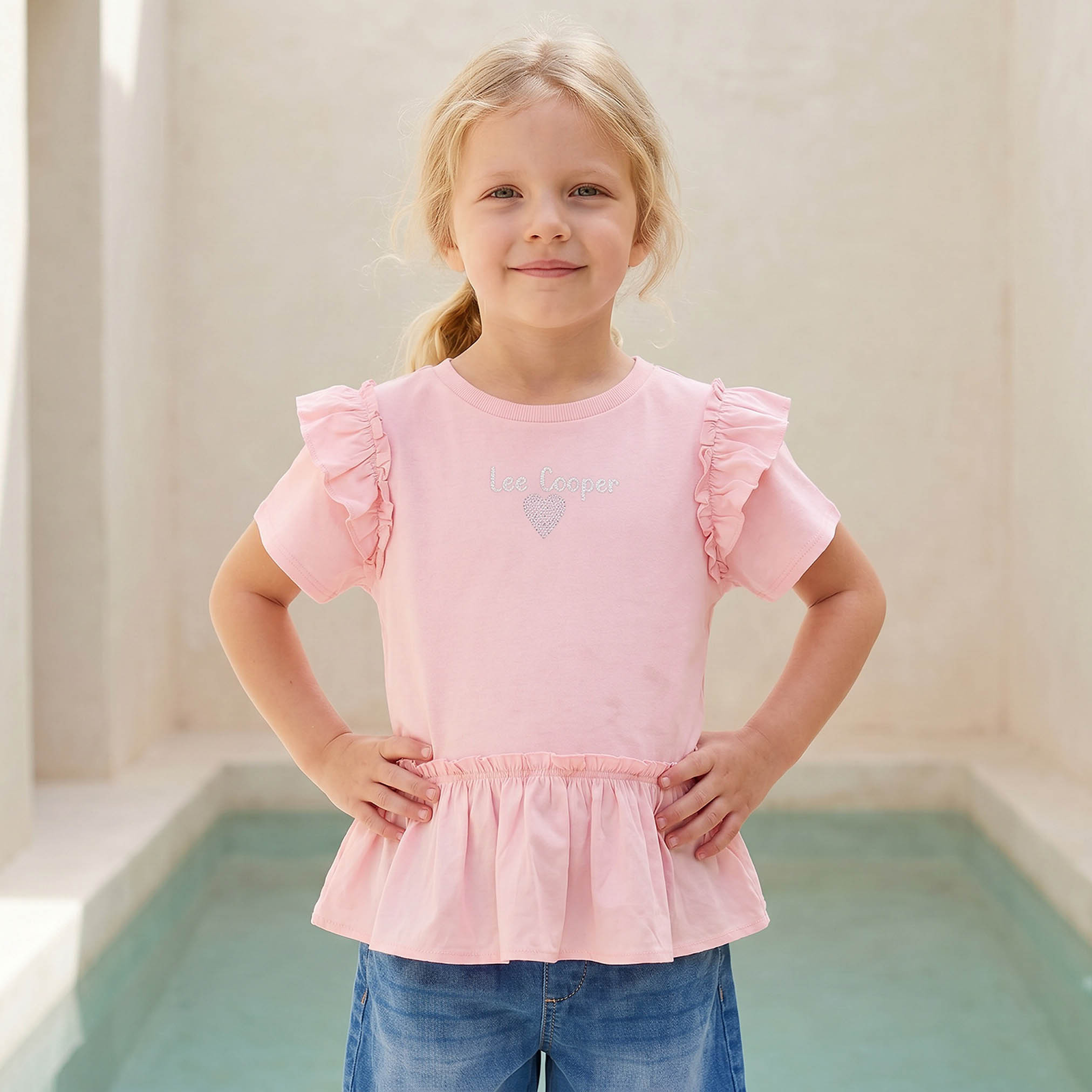 Lee Cooper Crew Neck Short Sleeves Peplum Top with Heart Embellishment-girls-clothing-tshirts-image-6