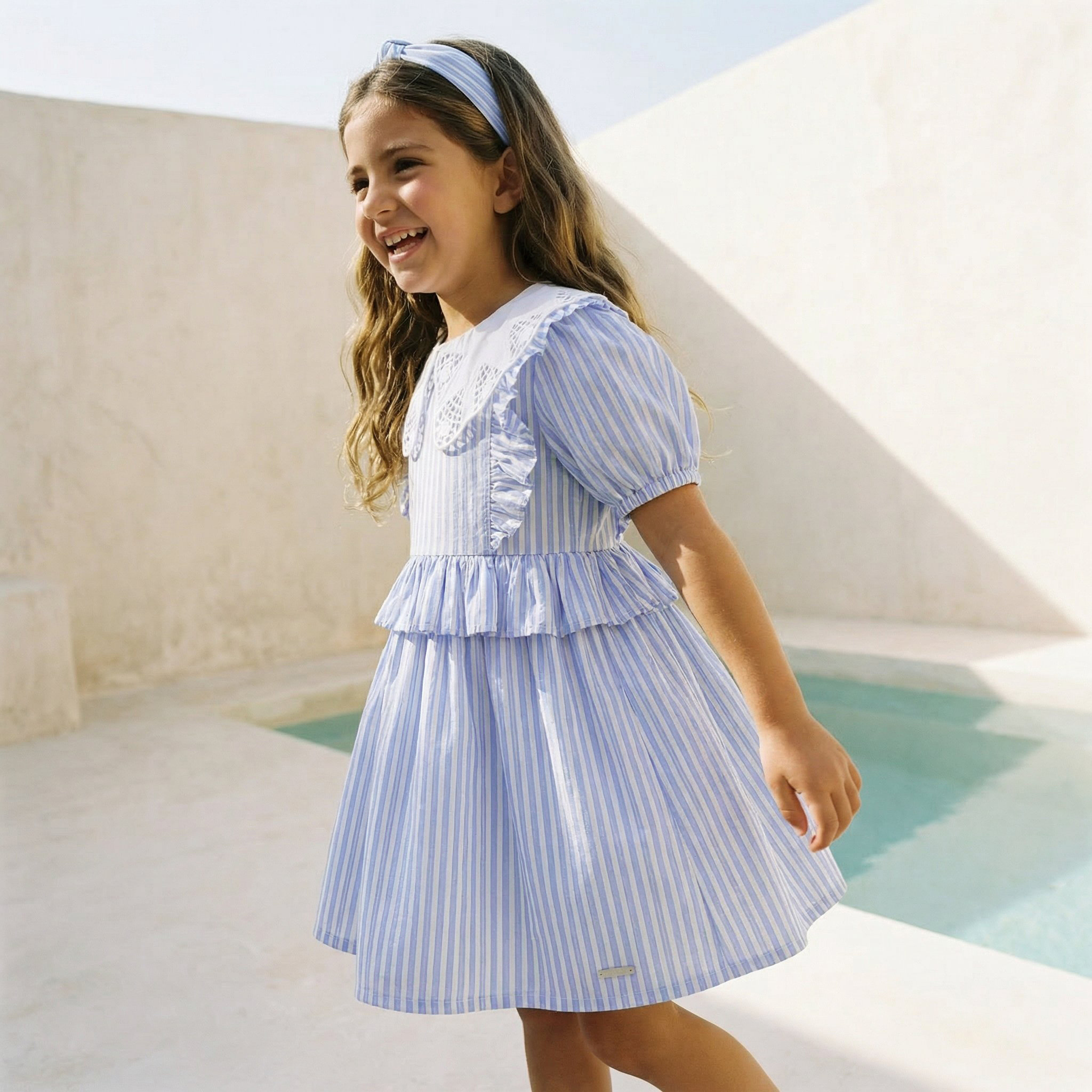 فستان مخطط بياقة بيتر بان وأكمام قصيرة منفوخة من لي كوبر-girls-clothing-dressesandjumpsuits-image-1