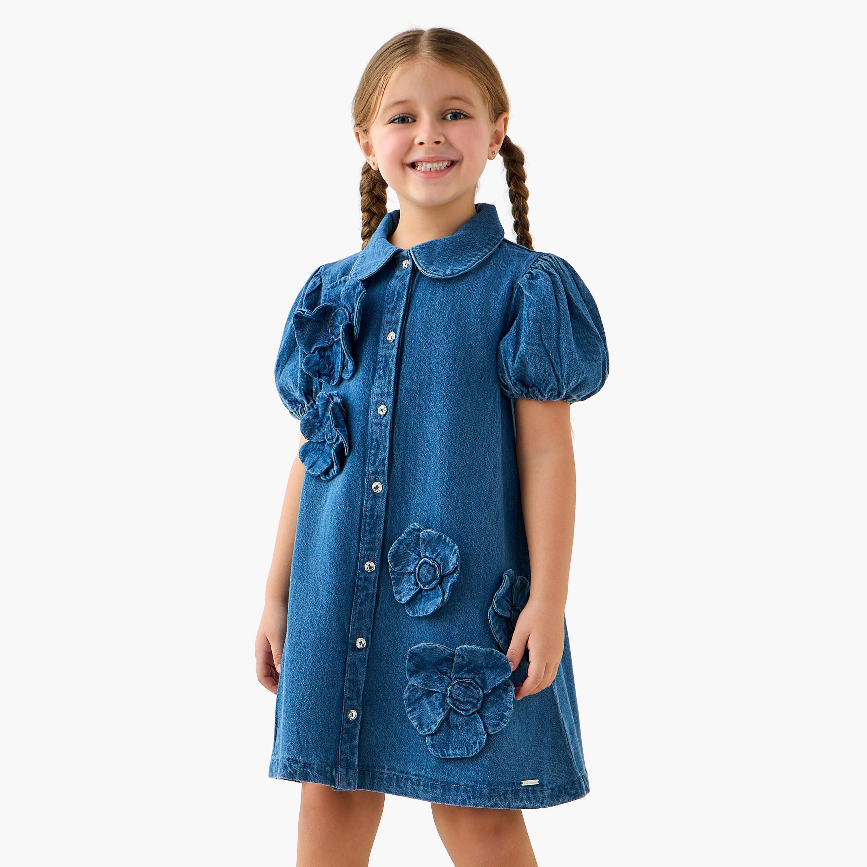 فستان دينم إيه لاين بياقة وأكمام قصيرة تزيينات زهرية من لي كوبر-girls-clothing-dressesandjumpsuits-image-5