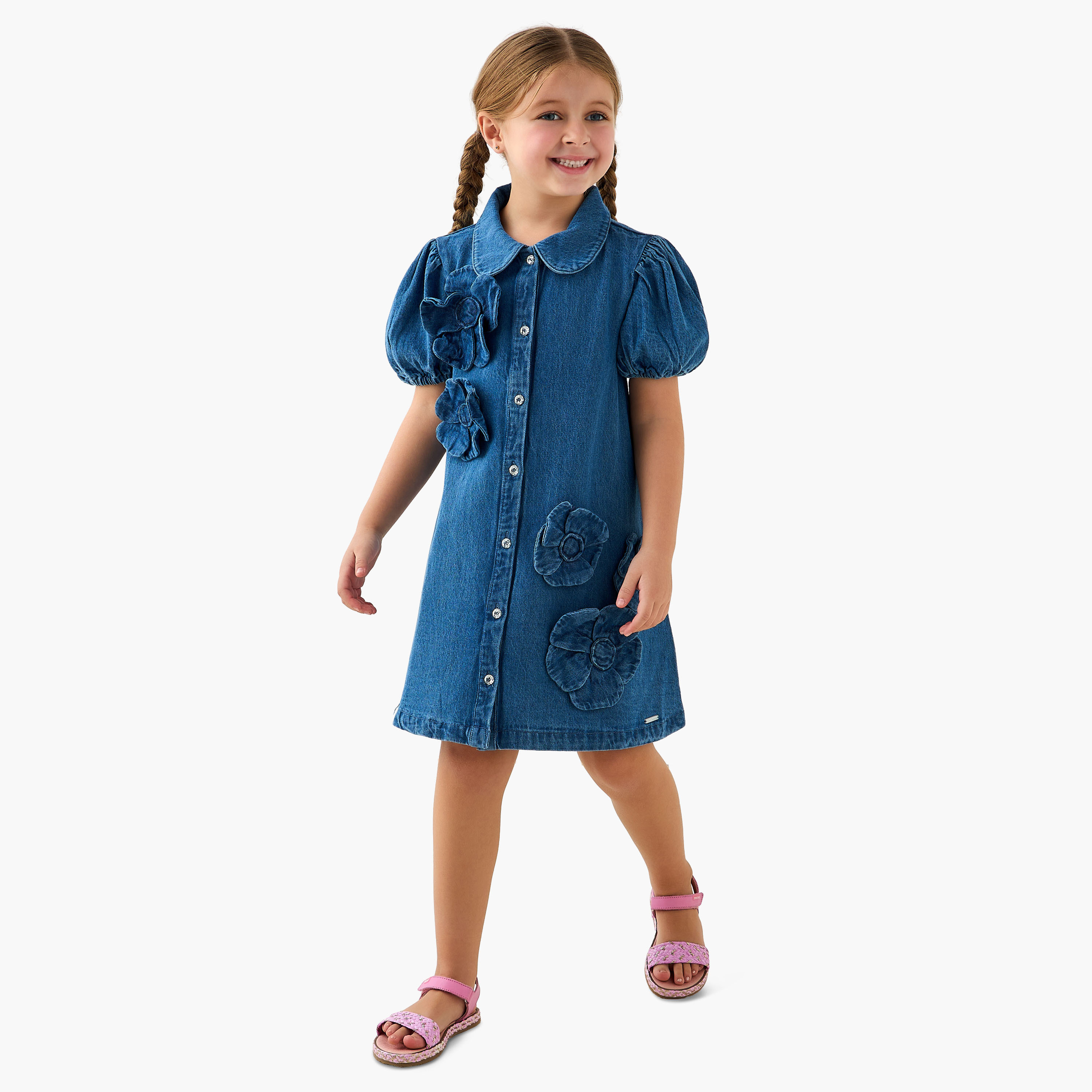 فستان دينم إيه لاين بياقة وأكمام قصيرة تزيينات زهرية من لي كوبر-girls-clothing-dressesandjumpsuits-image-4