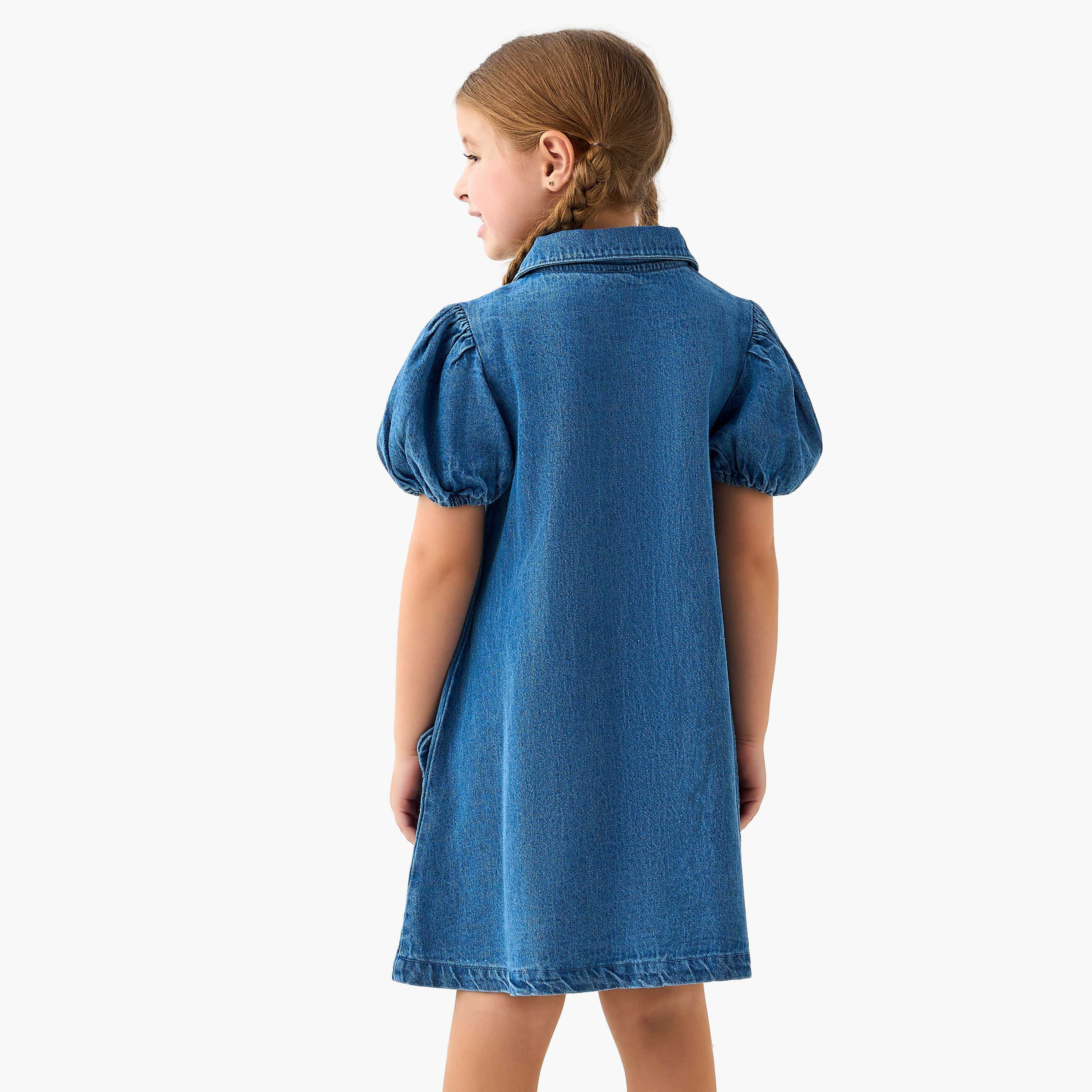 فستان دينم إيه لاين بياقة وأكمام قصيرة تزيينات زهرية من لي كوبر-girls-clothing-dressesandjumpsuits-image-3