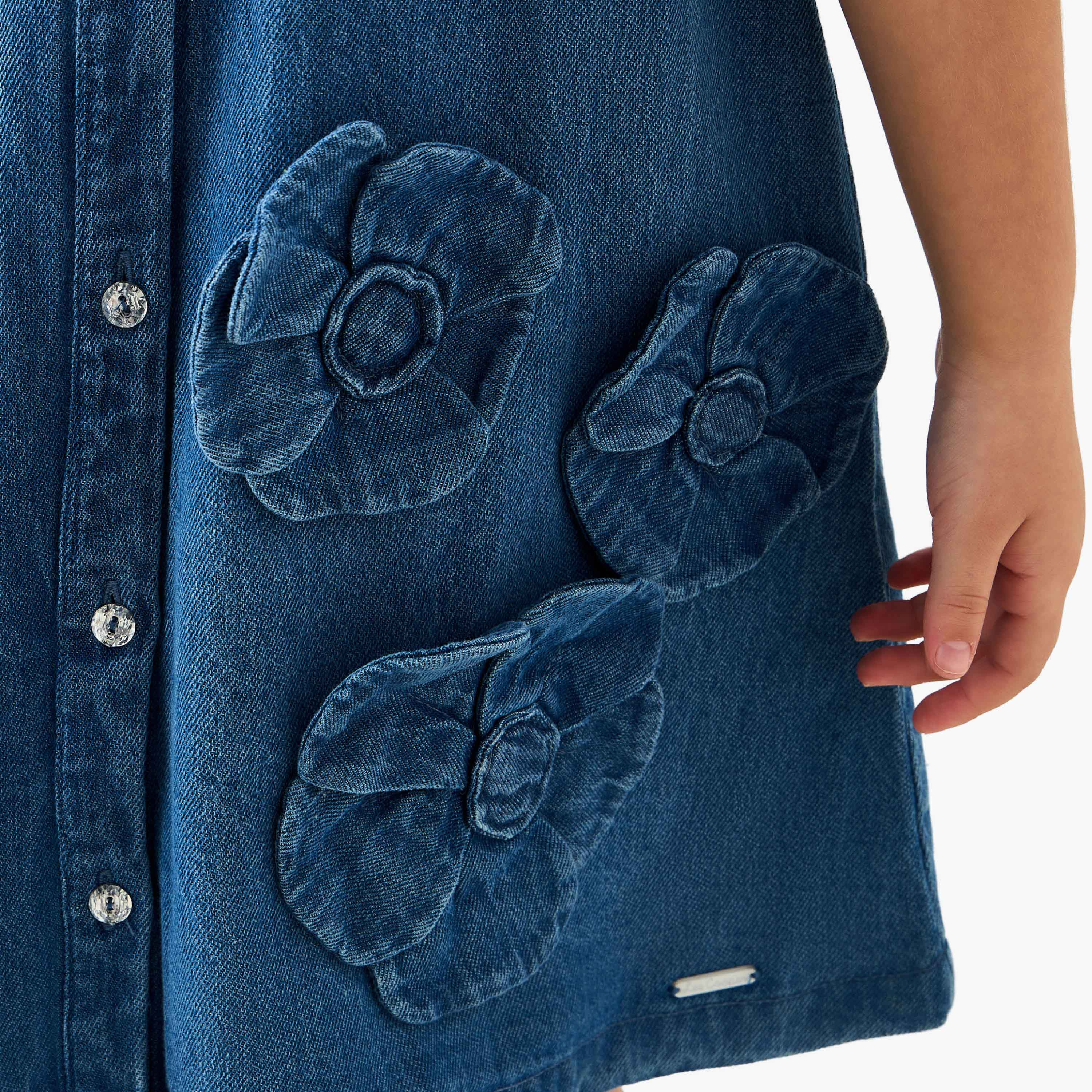 فستان دينم إيه لاين بياقة وأكمام قصيرة تزيينات زهرية من لي كوبر-girls-clothing-dressesandjumpsuits-image-2