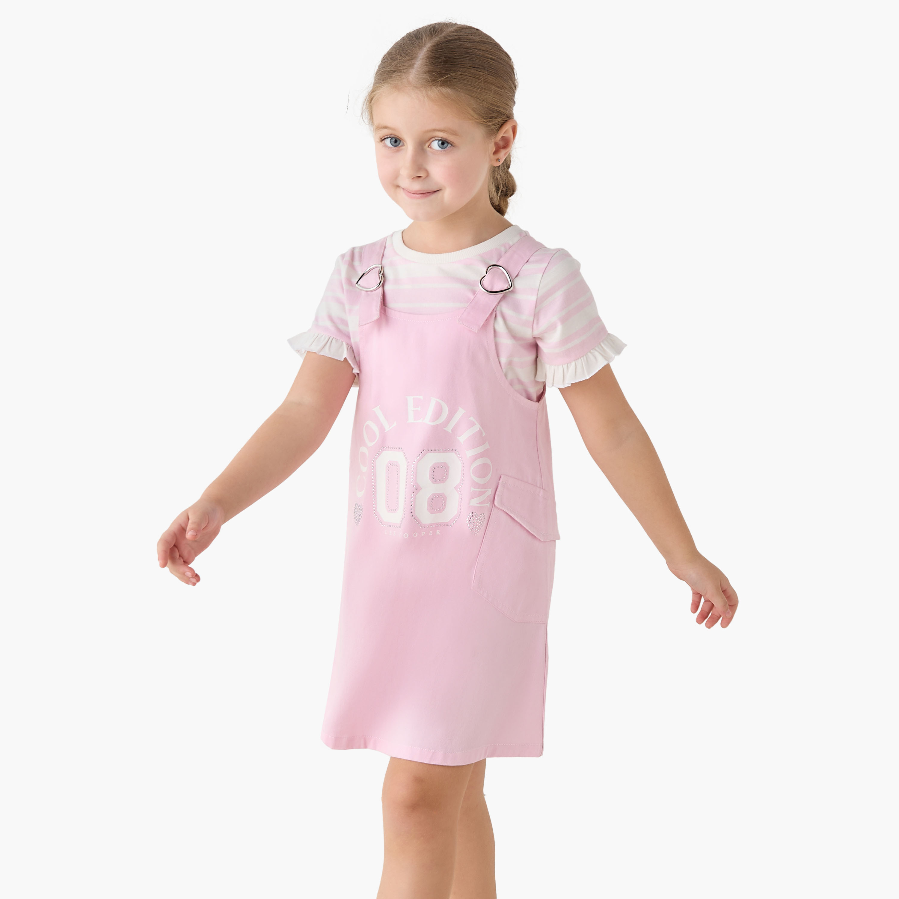 Lee Cooper Round Neck Short Sleeves T-shirt and Pinafore Set with Embellished Design-girls-clothing-dressesandjumpsuits-image-1
