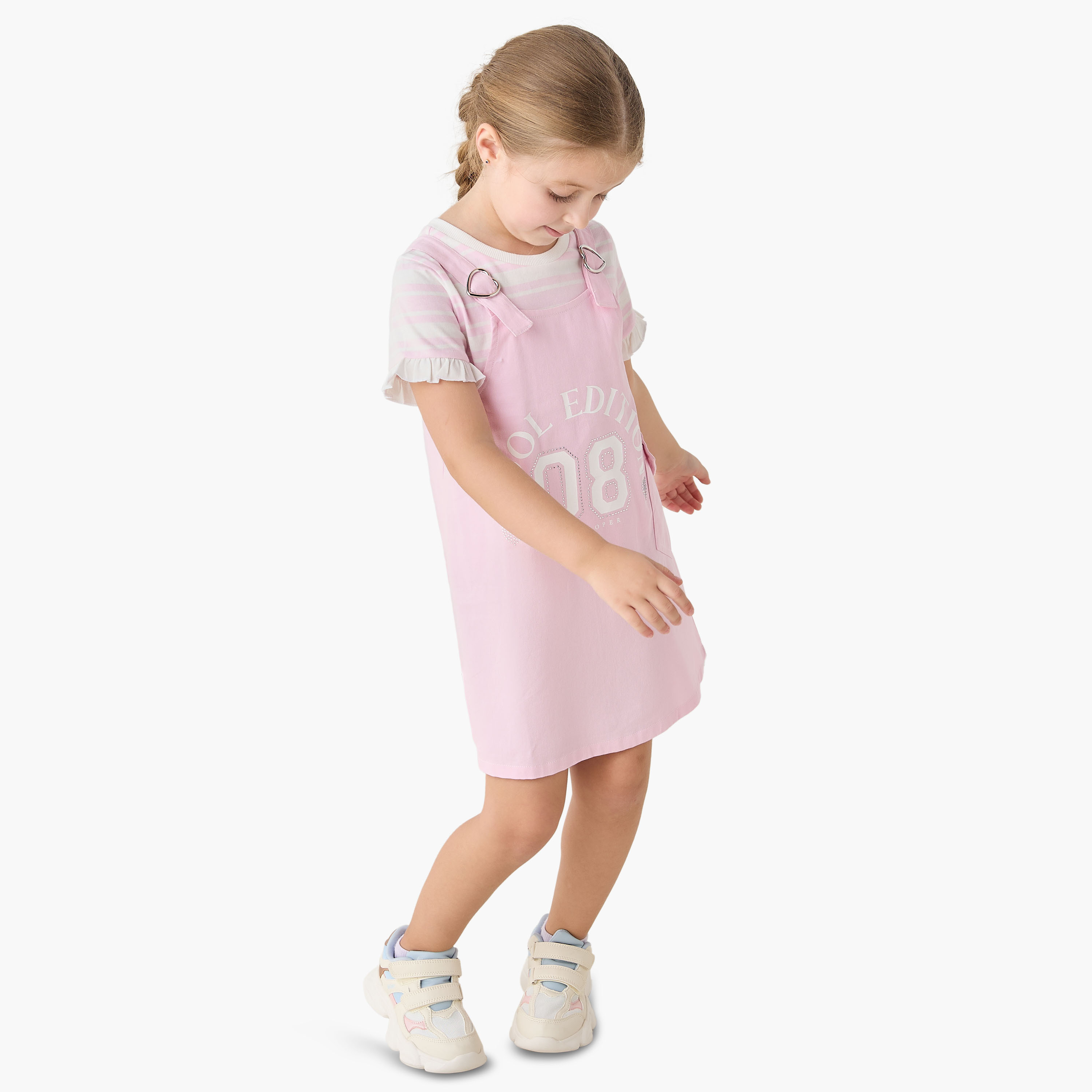 Lee Cooper Round Neck Short Sleeves T-shirt and Pinafore Set with Embellished Design-girls-clothing-dressesandjumpsuits-image-2