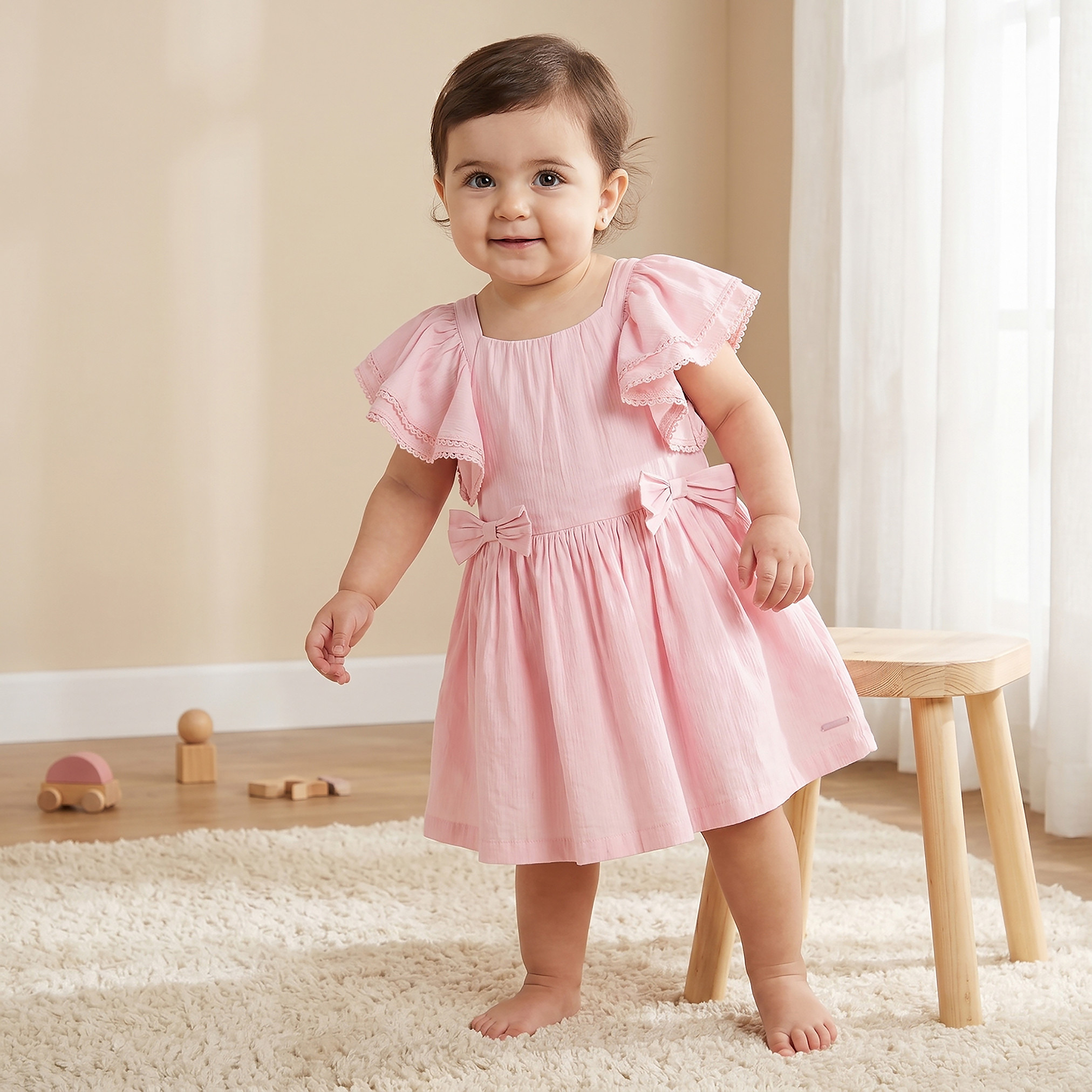 فستان بياقة مربعة وأكمام قصيرة وزخارف فيونكة من لي كوبر-girls-clothing-dressesandjumpsuits-image-1