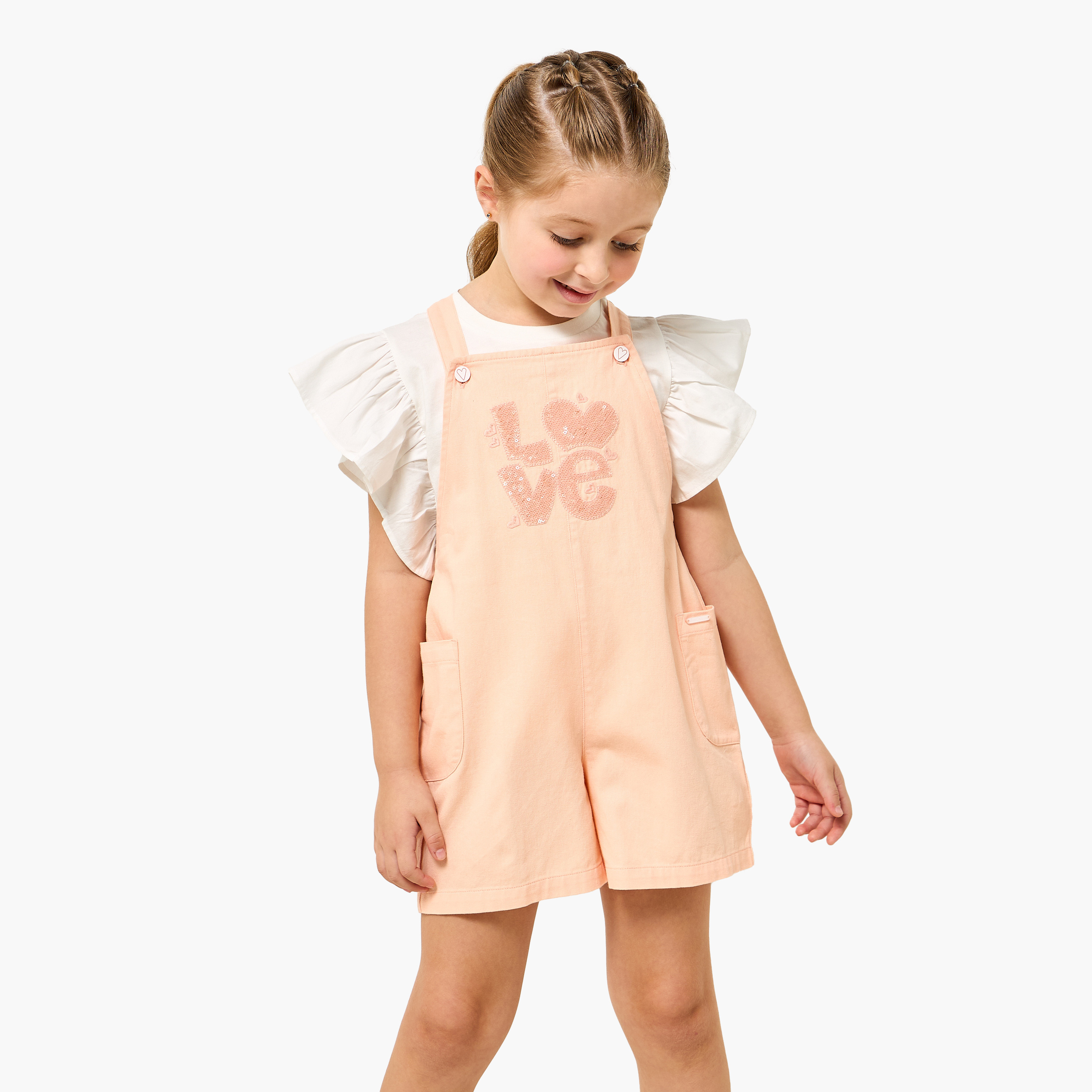 Lee Cooper Round Neck Short Sleeves T-shirt and Dungaree Set with Embellished Detail-girls-clothing-dressesandjumpsuits-image-1