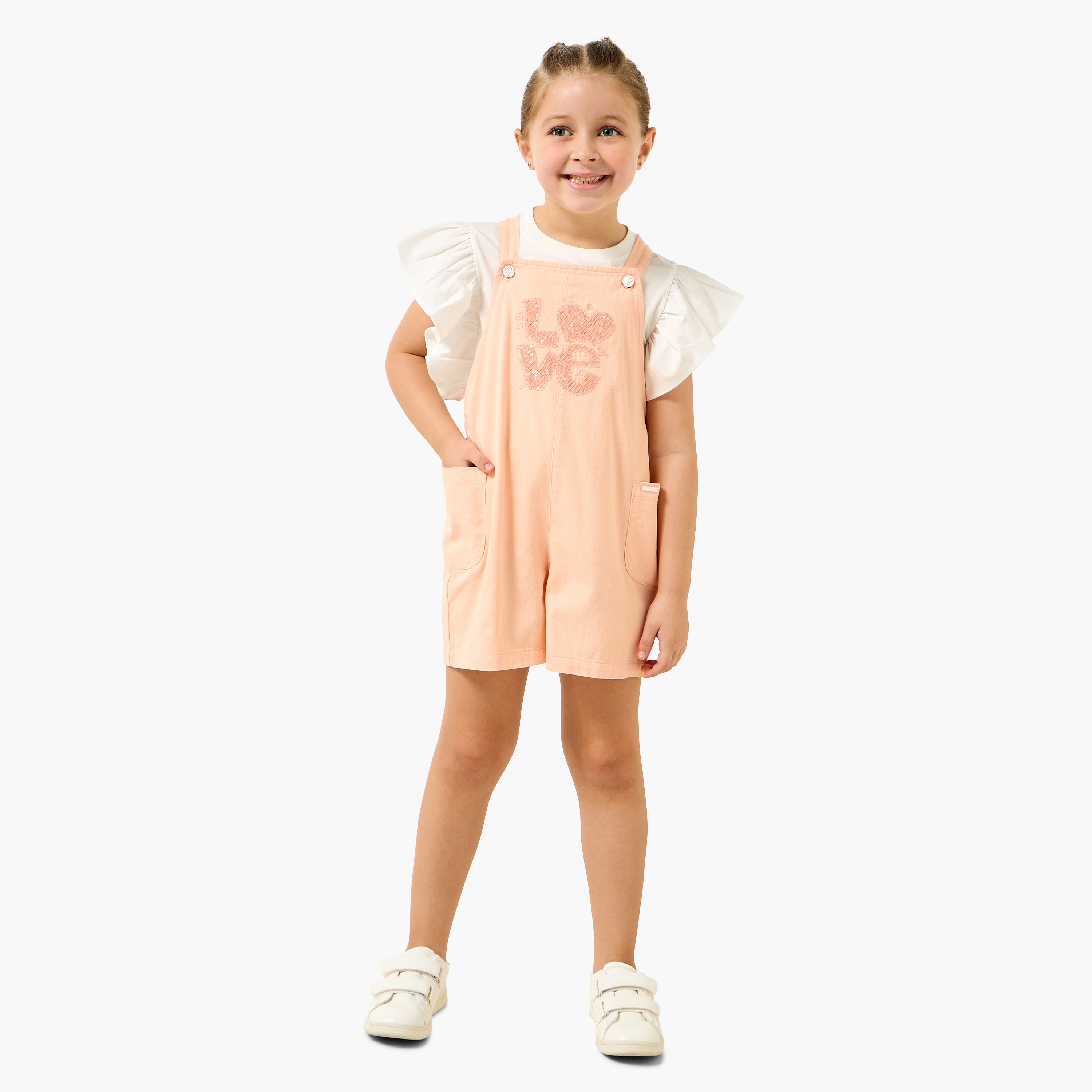 Lee Cooper Round Neck Short Sleeves T-shirt and Dungaree Set with Embellished Detail-girls-clothing-dressesandjumpsuits-image-2