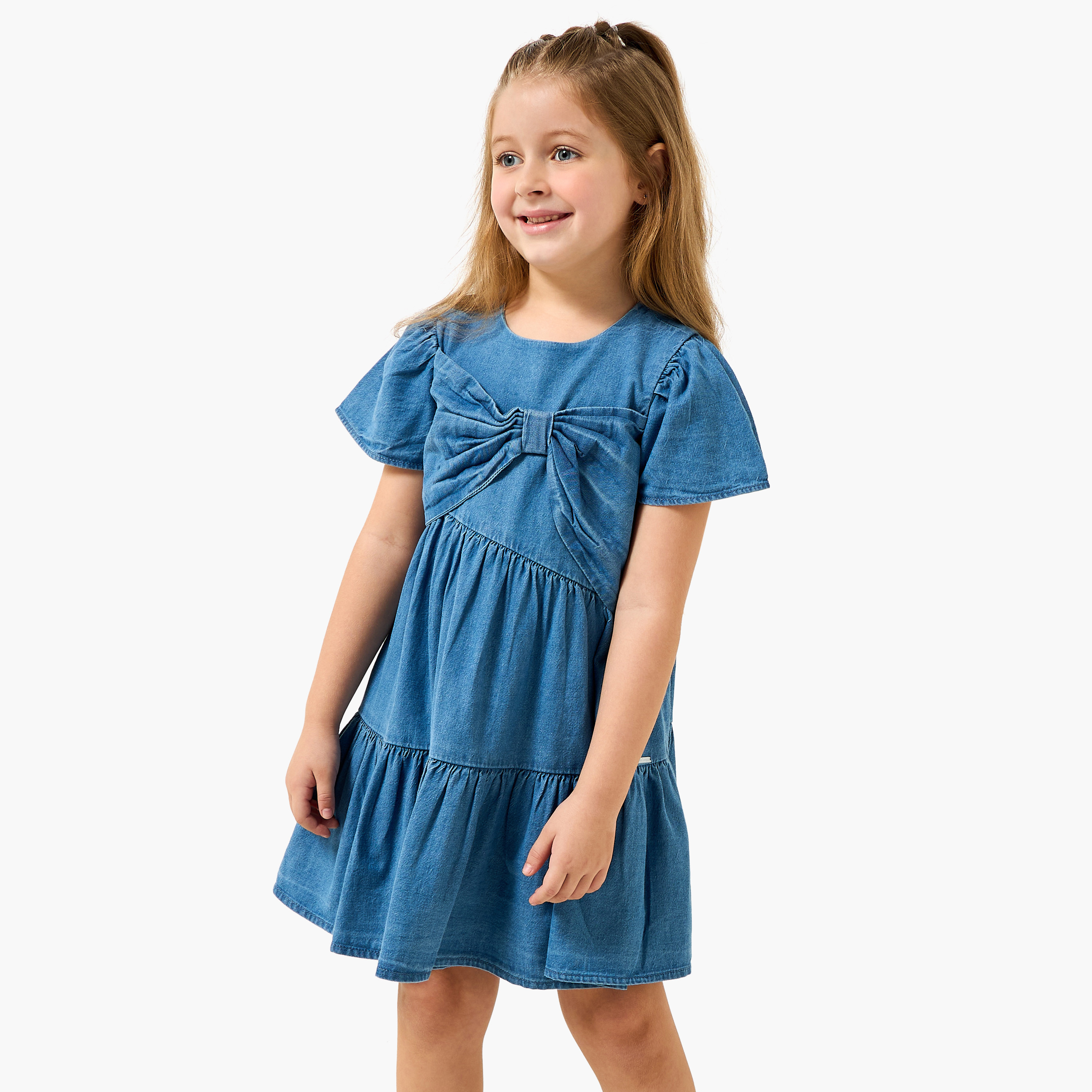 Lee Cooper Round Neck Short Sleeves Tiered Denim Dress with Bow Detail-girls-clothing-dressesandjumpsuits-image-1